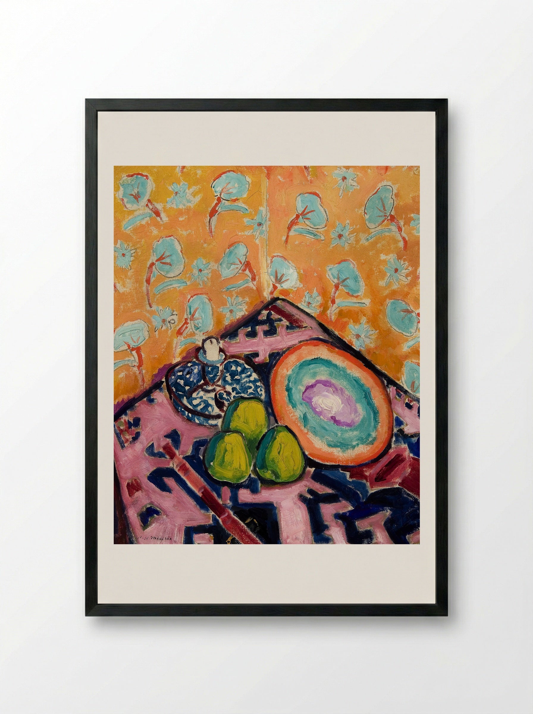 Still Life with Fruit and Patterned Background - Alfred Henry Maurer - Framed Print Black