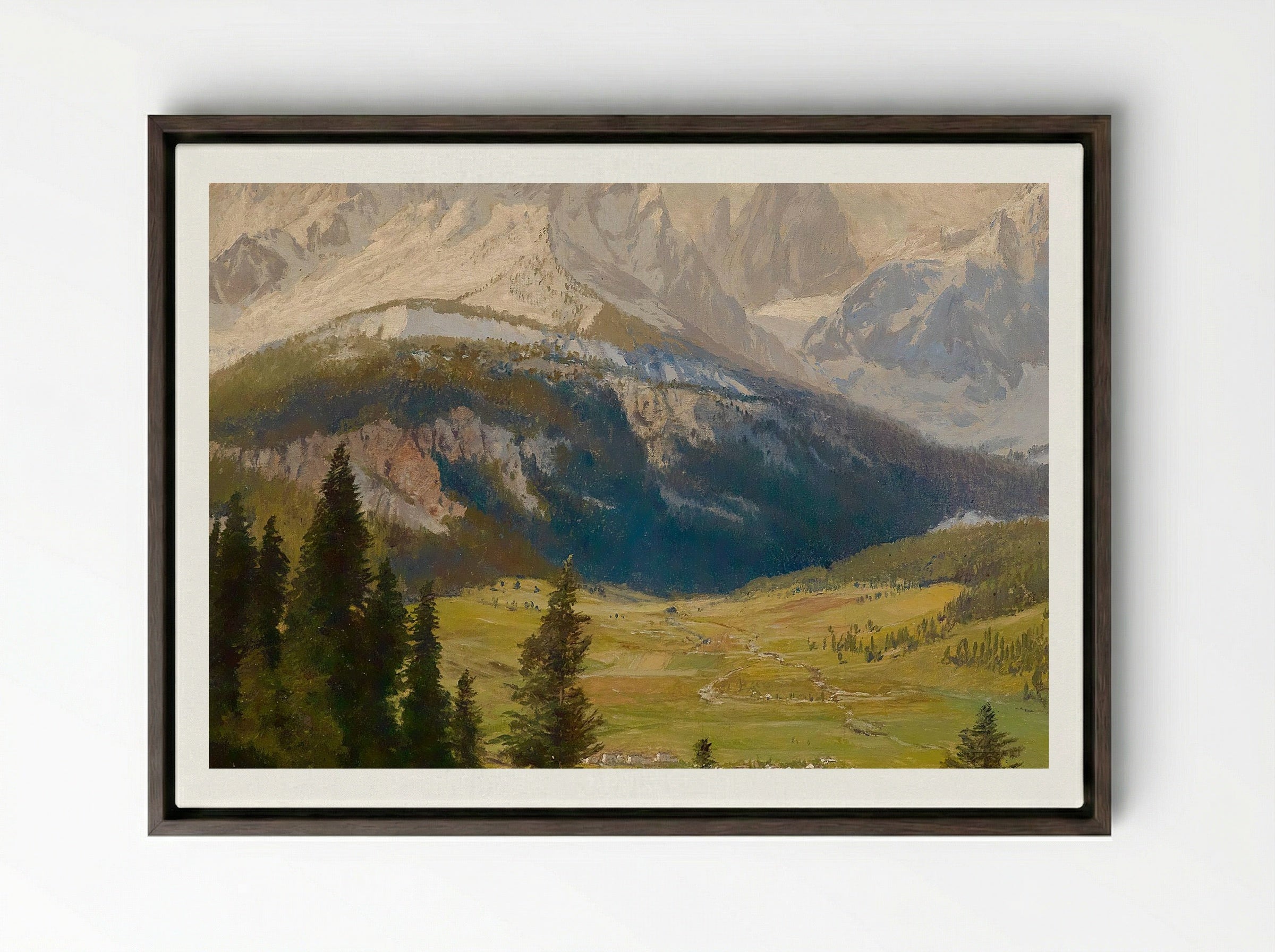 Sexten Village, Sexten Sundial, Sexten Dolomites, and the Fischleital Valley - Karl Köck - Framed Canvas Dark Wood
