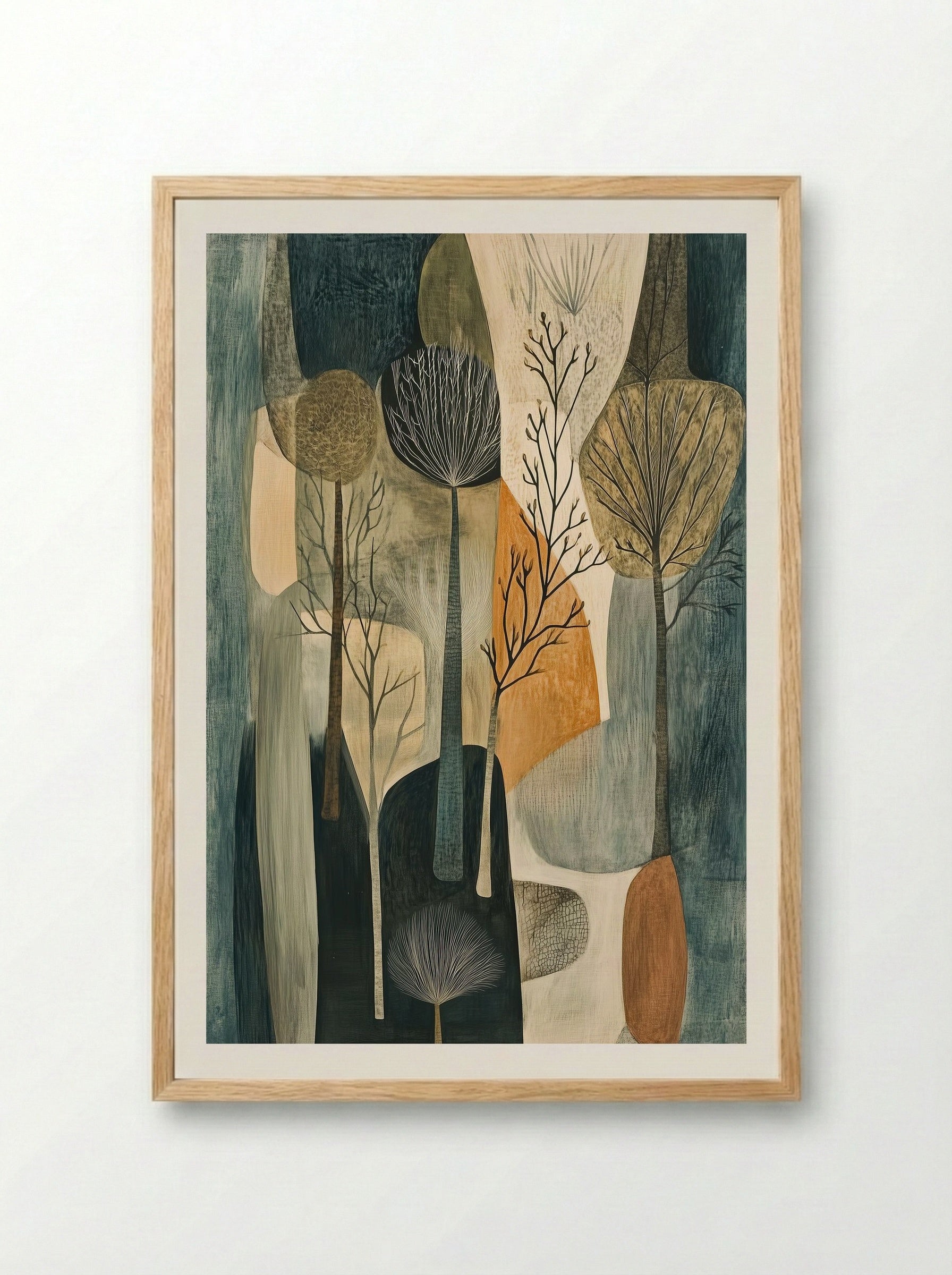Still Grove – Modern Woodland Silhouette in Earth Tones - Framed Print Wood