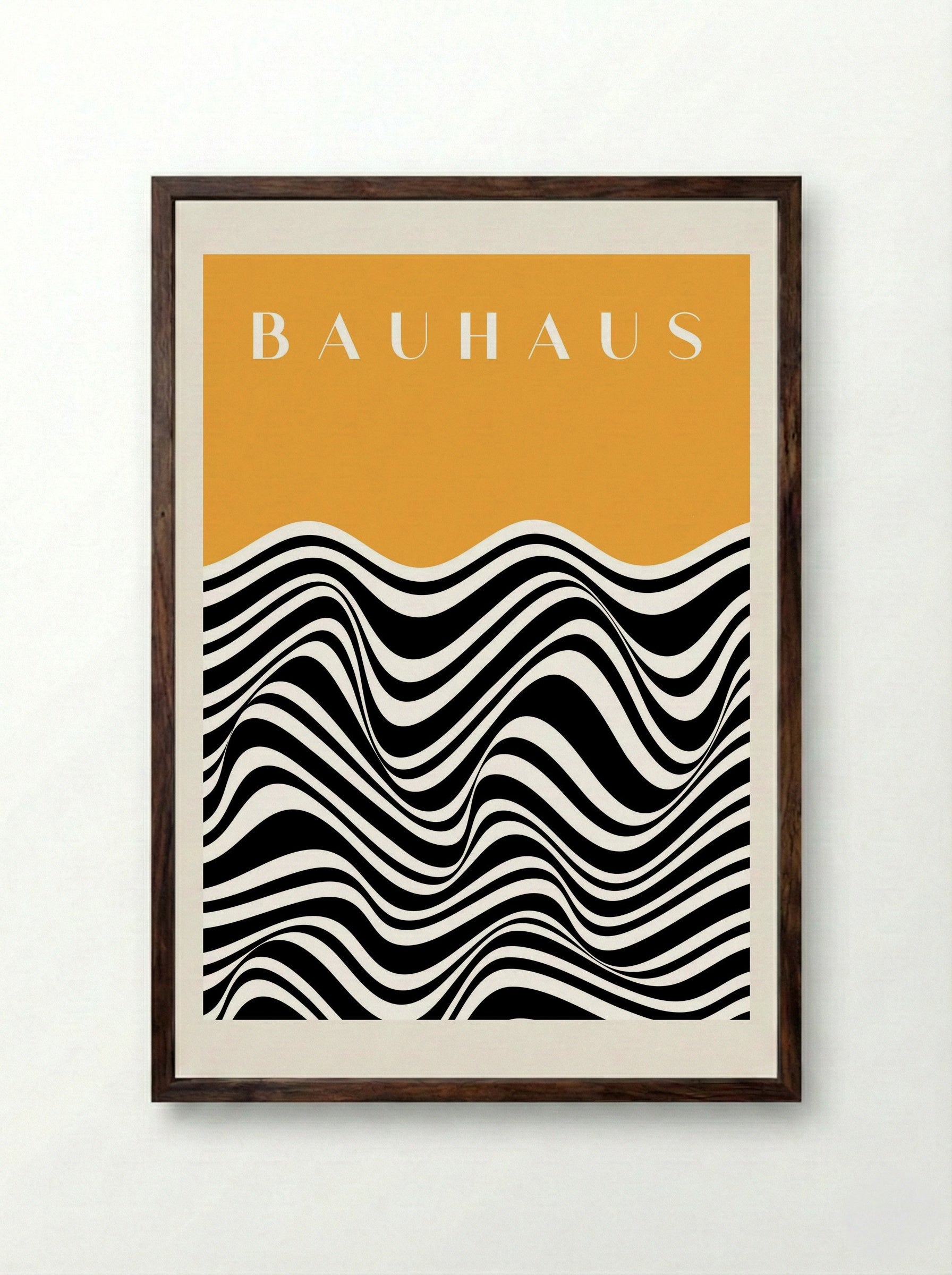 Bauhaus Waves on Mustard - Framed Print Dark Wood