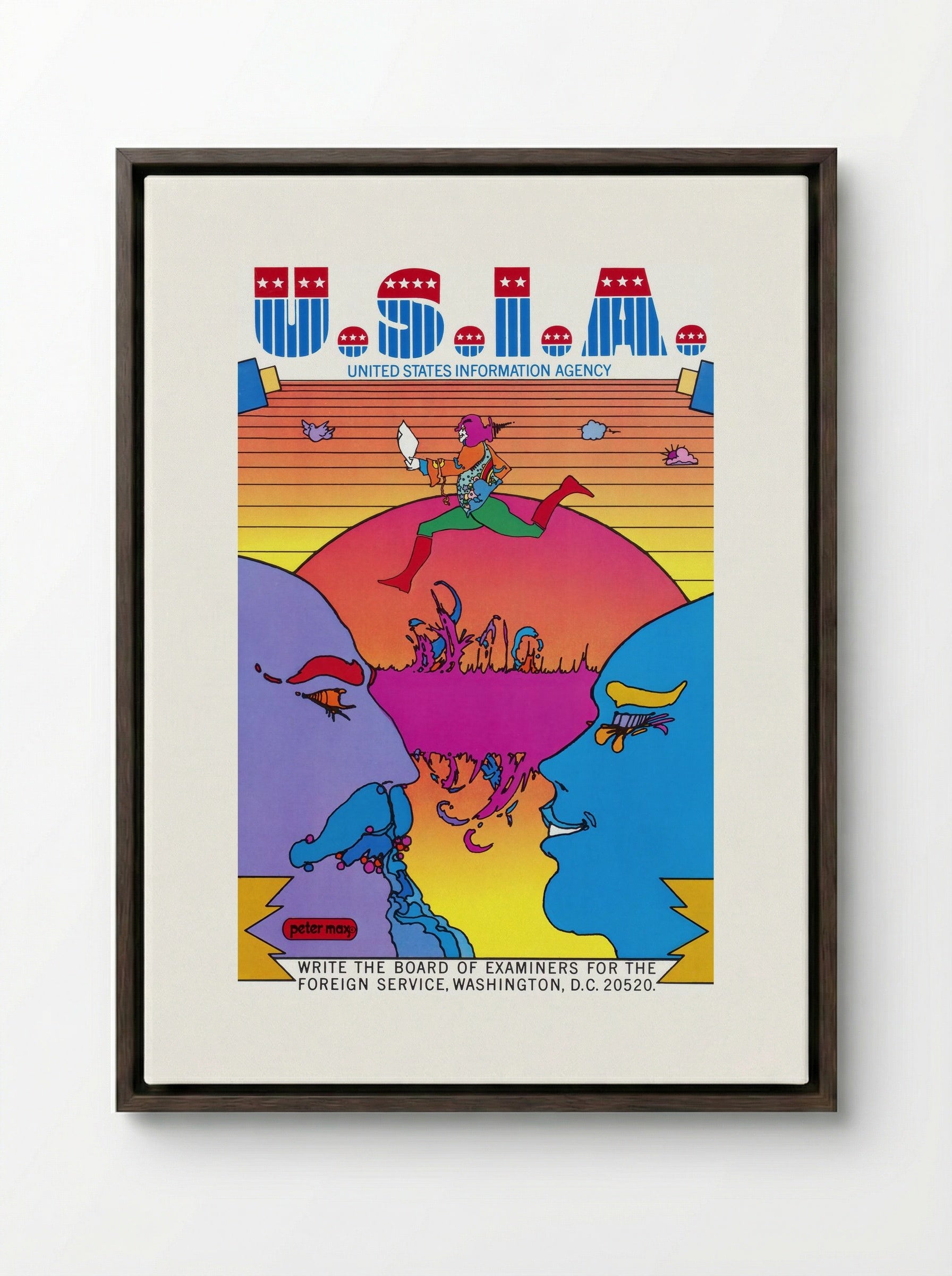 U.S.I.A. United States Information Agency Poster - Peter Max - Framed Canvas Dark Wood