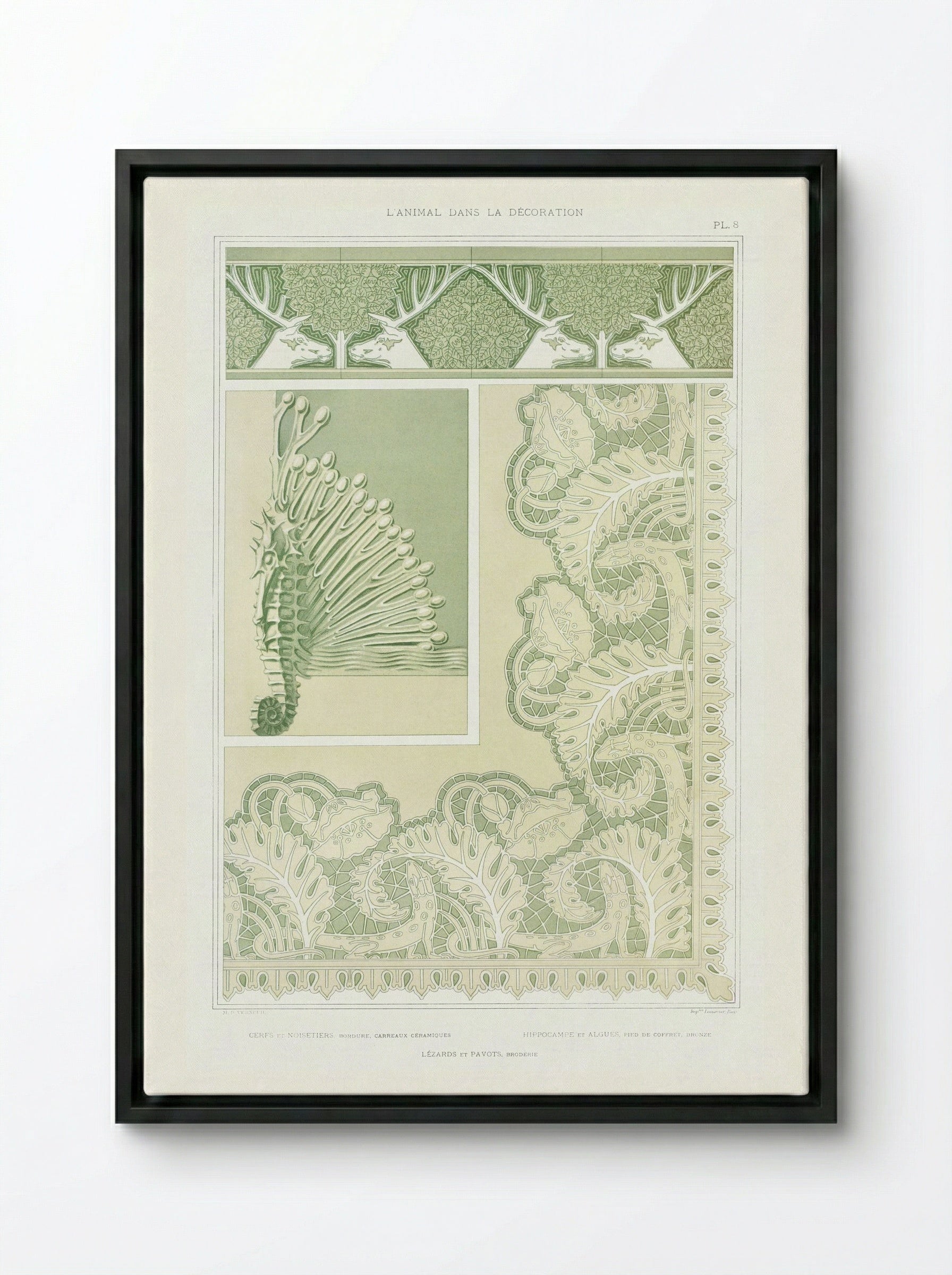 L'Animal dans la Décoration, Plate 8 (Deer, Seahorse, Lizards) - Maurice Pillard Verneuil - Framed Canvas Black