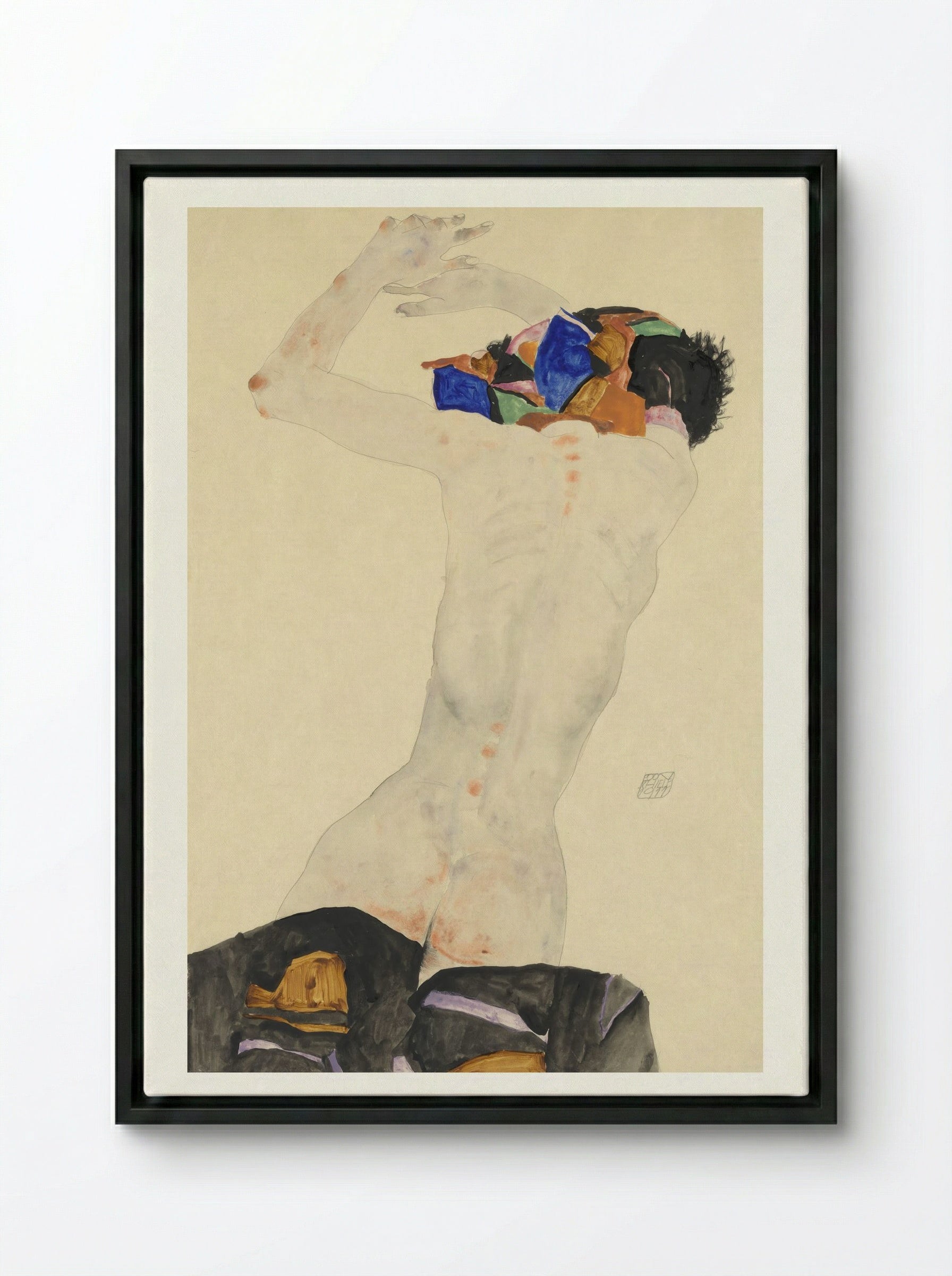 Reclining Nude with Colourful Cloth - Egon Schiele - Framed Canvas Black