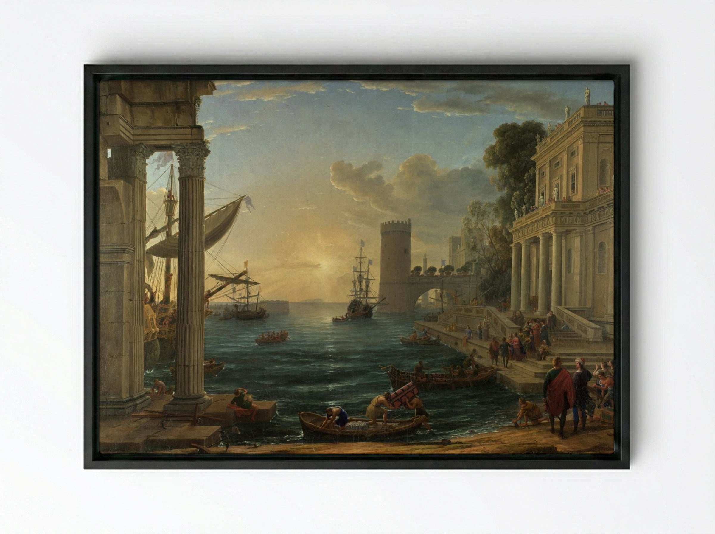 Seaport with the Embarkation of Saint Ursula - Claude Lorrain - Framed Canvas Black