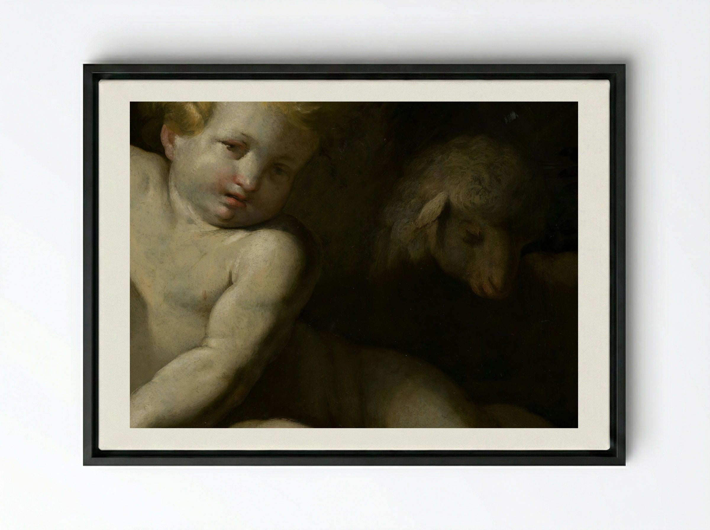 Ecce Agnus Dei (Infant Saint John the Baptist with Lamb) - Bartolomé Esteban Murillo - Framed Canvas Black