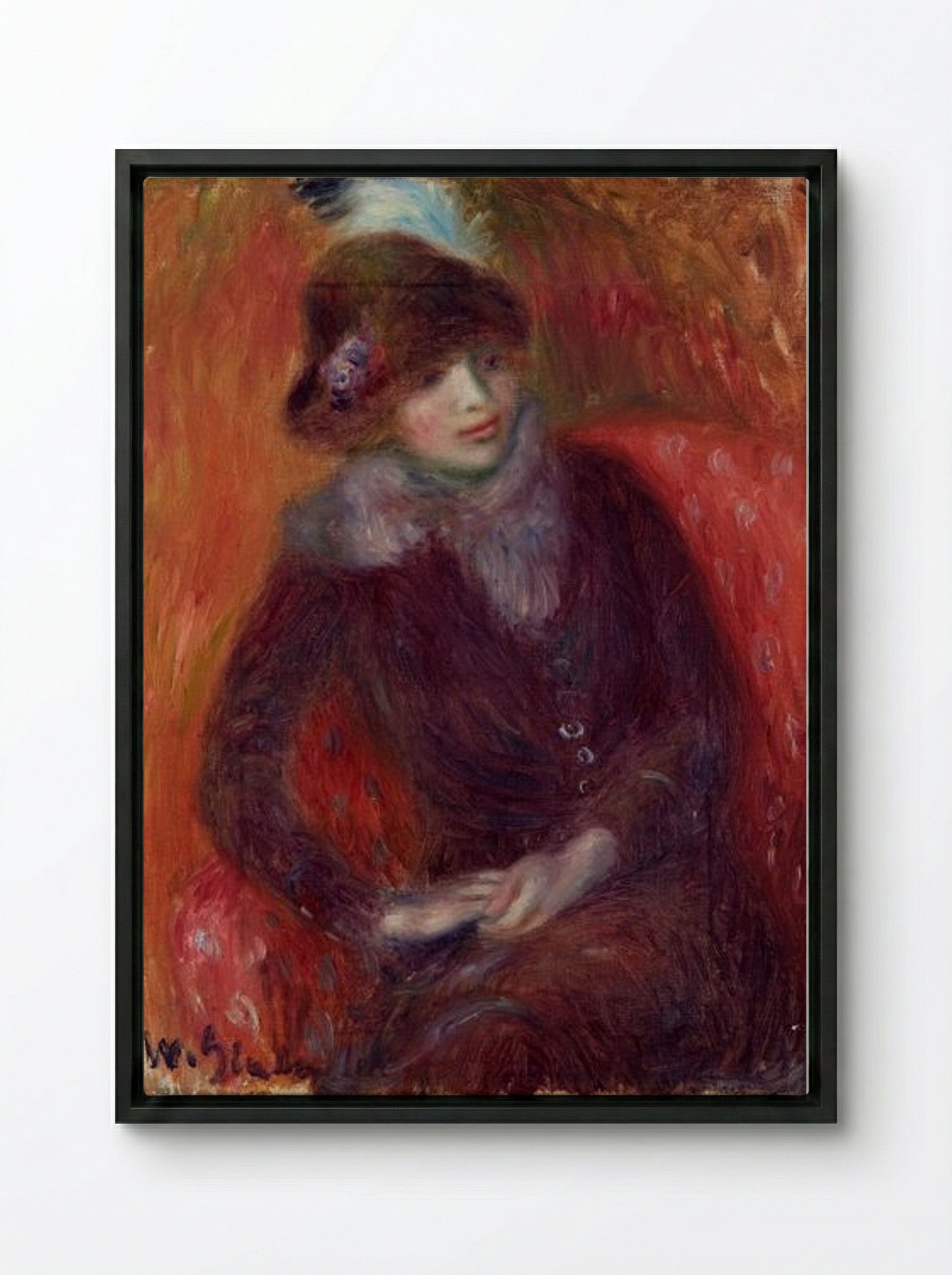 Seated Woman with Fur Neckpiece and Red Background - William James Glackens - Framed Canvas Black