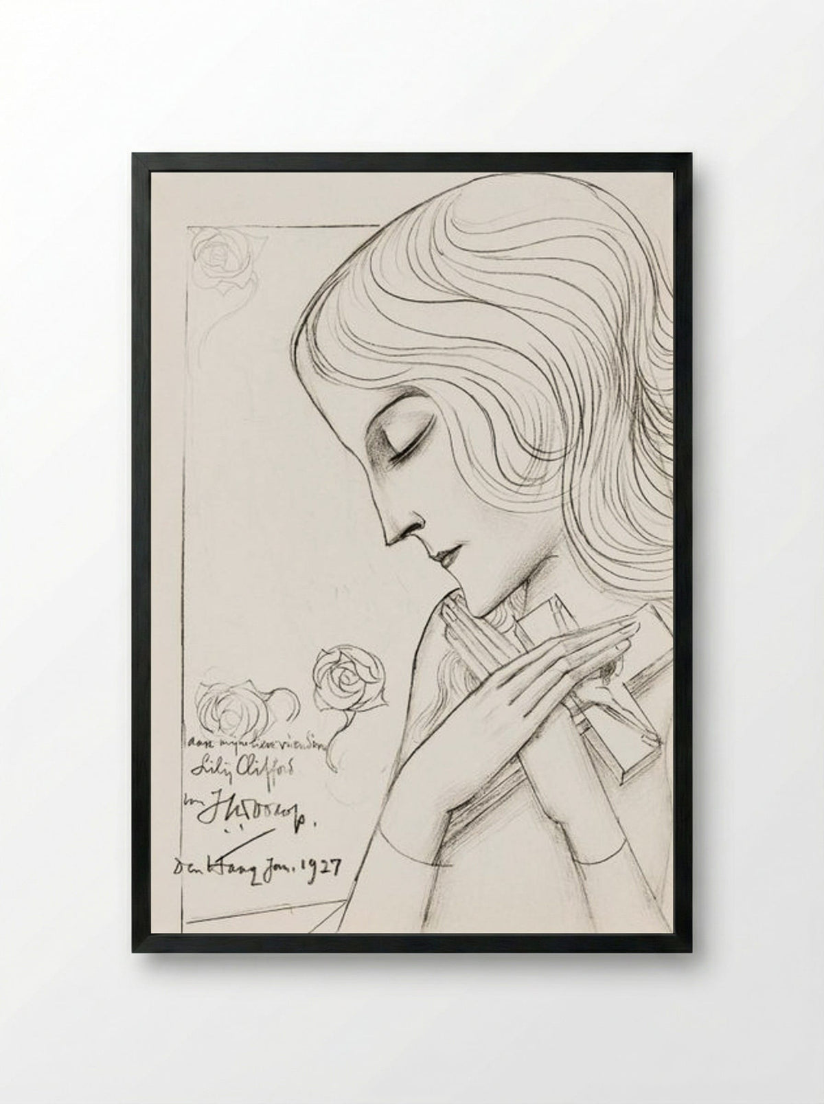 Young Girl Holding a Cross in Meditation - Jan Toorop - Framed Print Black