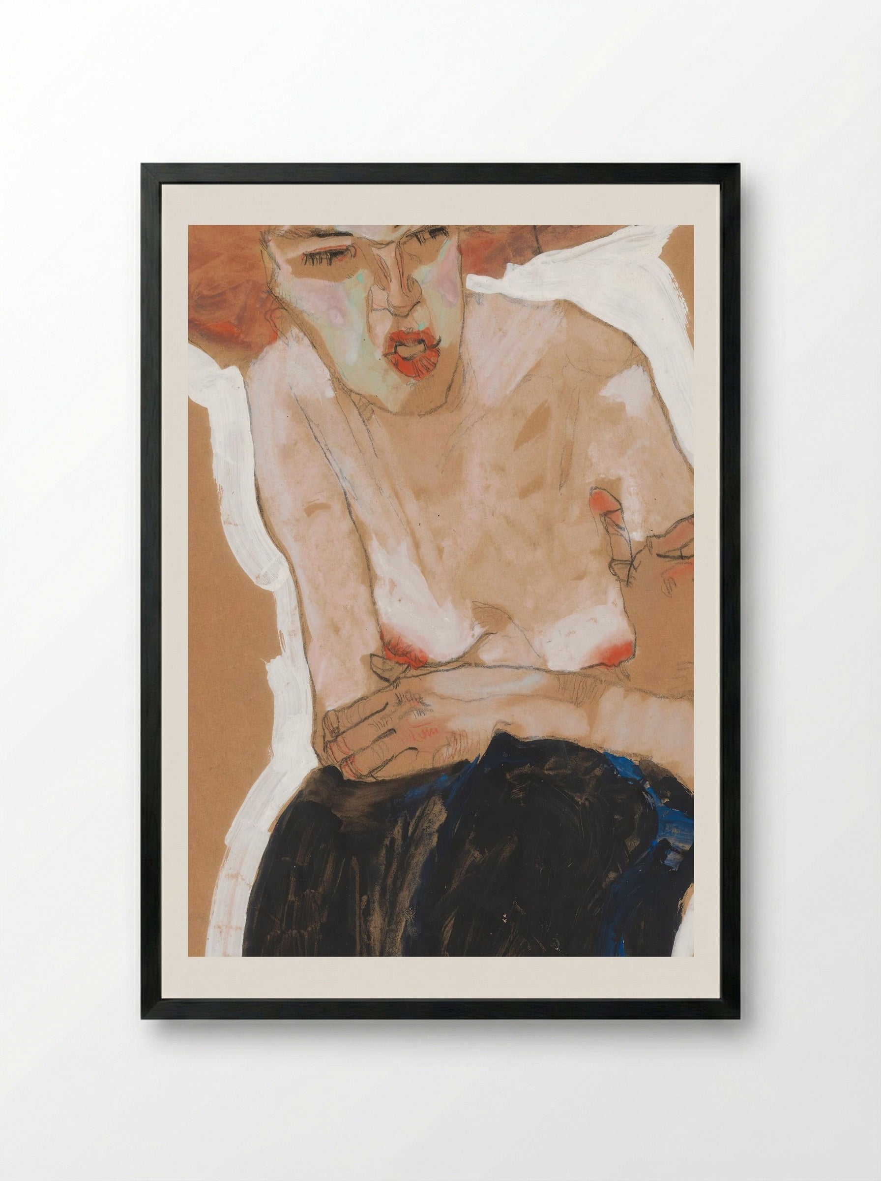 Die Häusliche (Seated Woman with Hat) - Egon Schiele - Framed Print Black