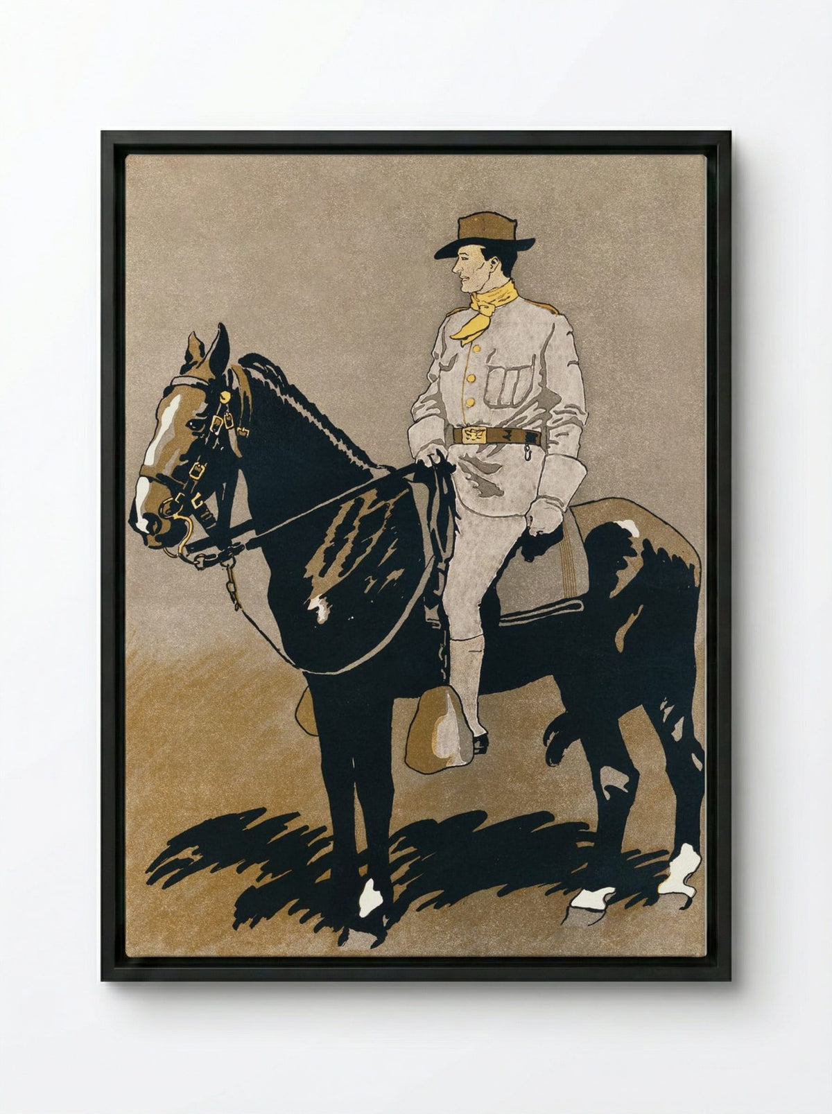 Soldier Riding a Horse - Edward Penfield - Framed Canvas Black