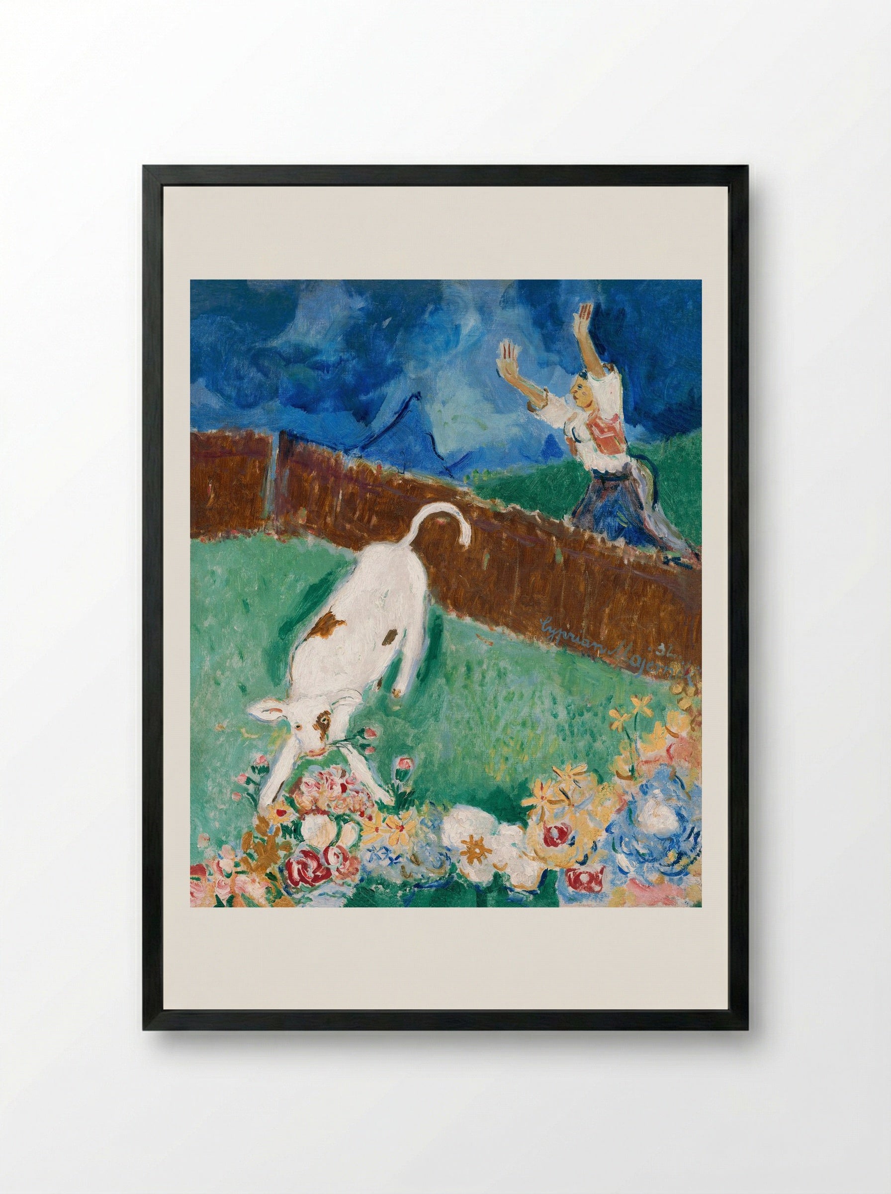 Calf in a Meadow - Cyprián Majerník - Framed Print Black