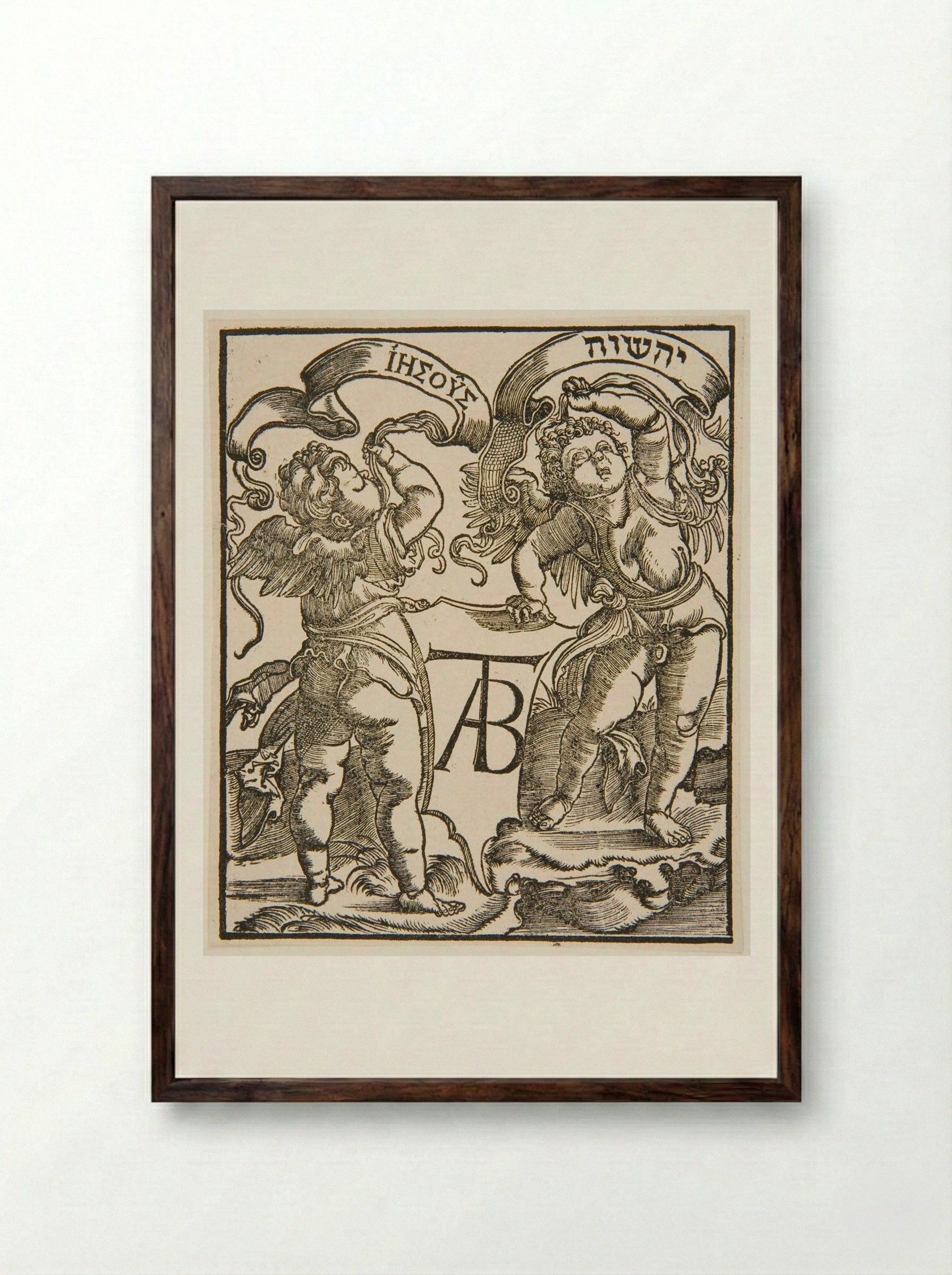 Two Angels Holding Banners with the Name Jesus - Hans Holbein the Younger - Framed Print Dark Wood