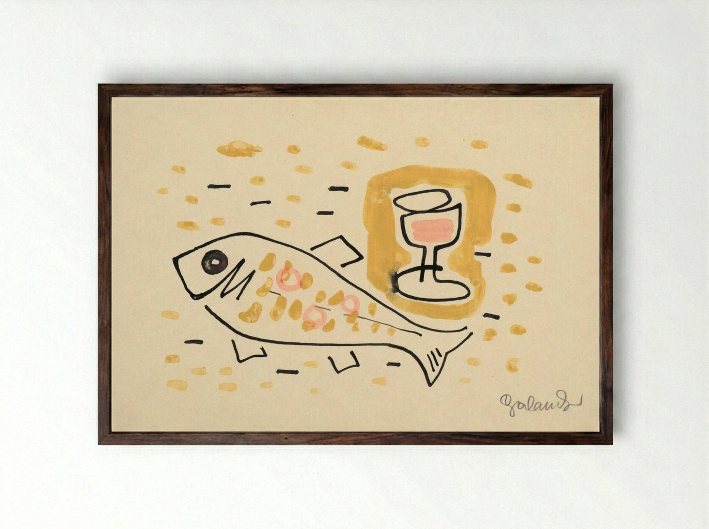 Still Life with Fish and Wine Glass - Mikuláš Galanda - Framed Print Dark Wood