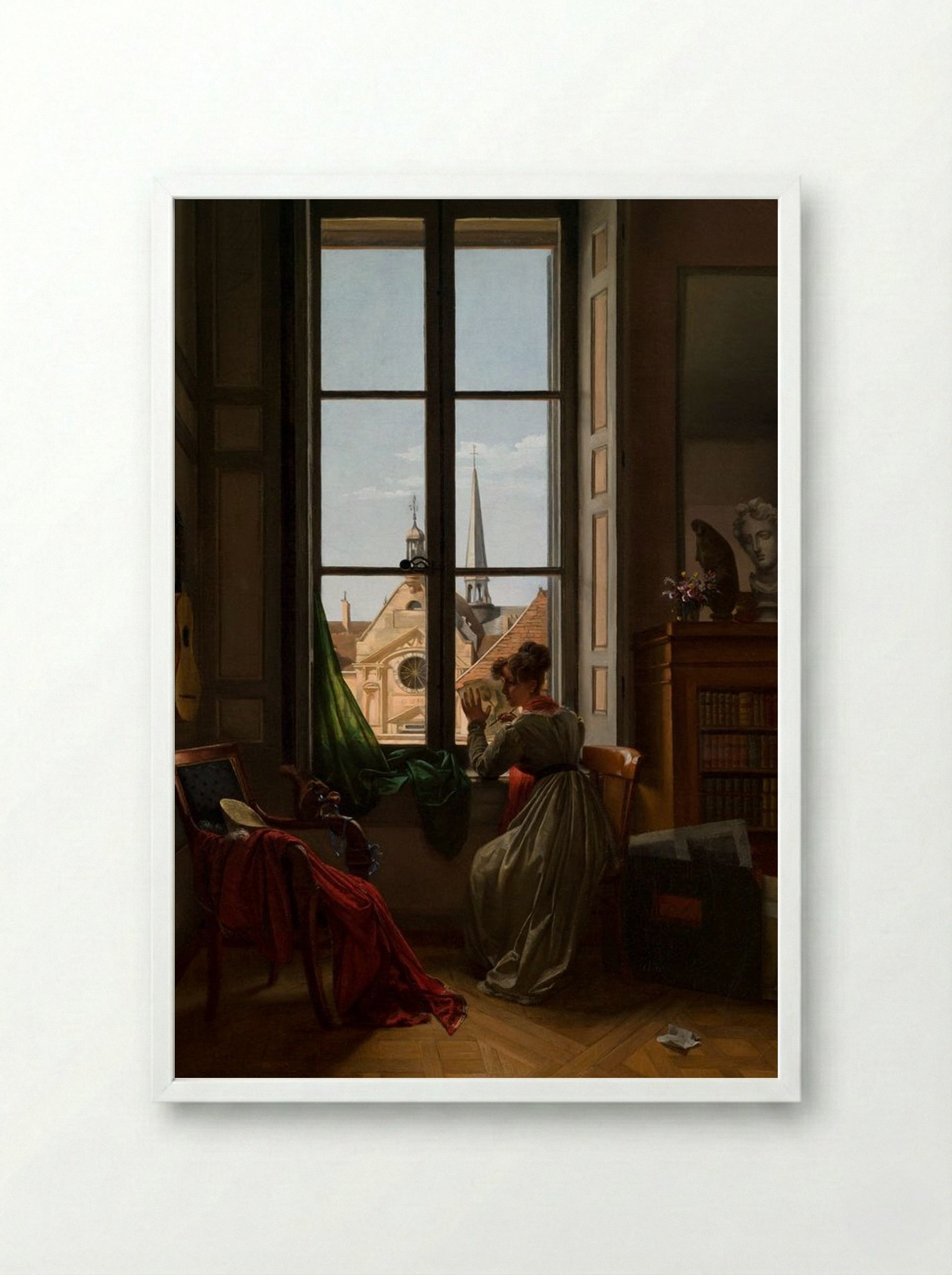 Interior with a Young Woman Drawing - Marie-Denise Villers - Framed Print White