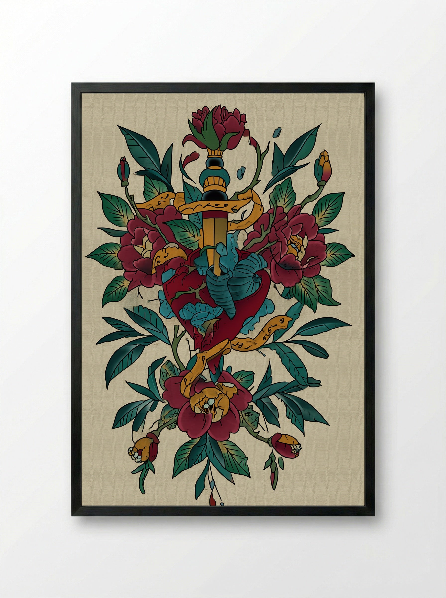 Dagger Through Heart and Flowers - Neo Traditional Tattoo Print - Framed Print Black
