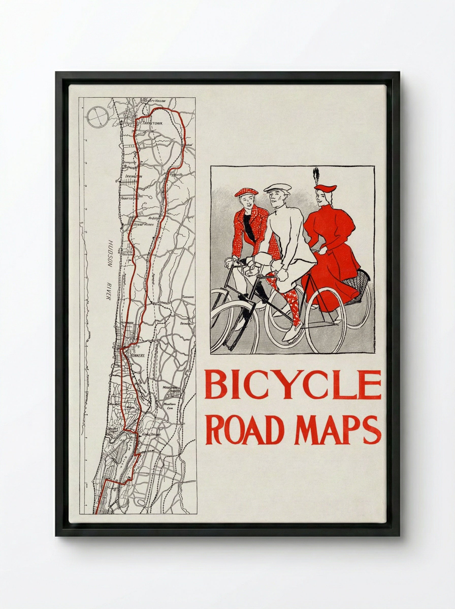 Bicycle Road Maps - Edward Penfield - Framed Canvas Black