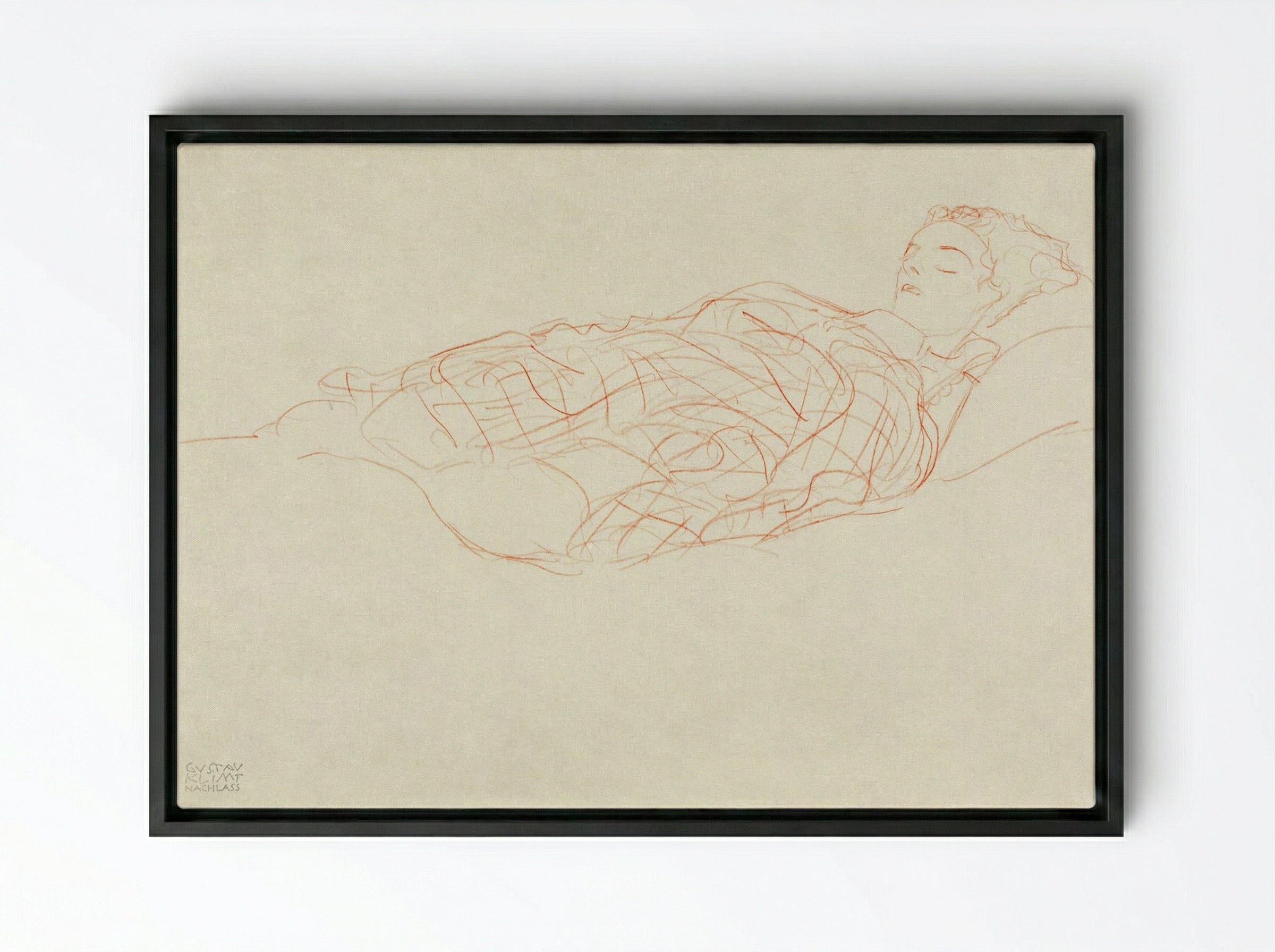 Study of a Woman Wrapped in a Plaid, Resting - Gustav Klimt - Framed Canvas Black
