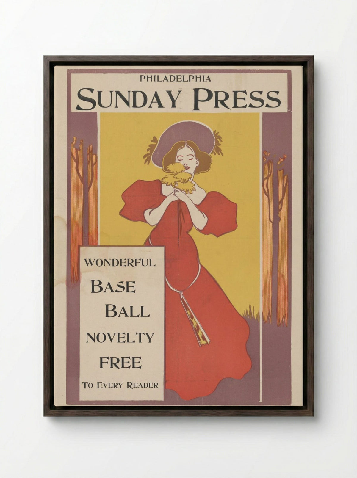 Philadelphia Sunday Press Baseball Novelty Advertisement - Fine Art Print - Framed Canvas Dark Wood