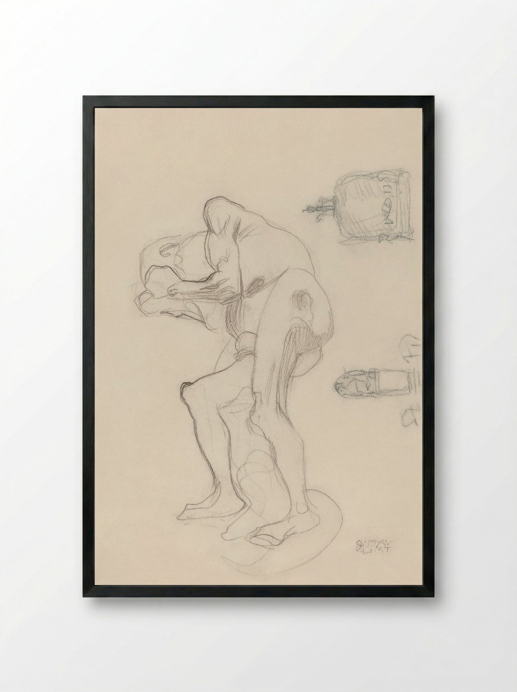 Study of a Nude Old Woman Clenching Her Fists and Two Decorative Objects - Gustav Klimt - Framed Print Black