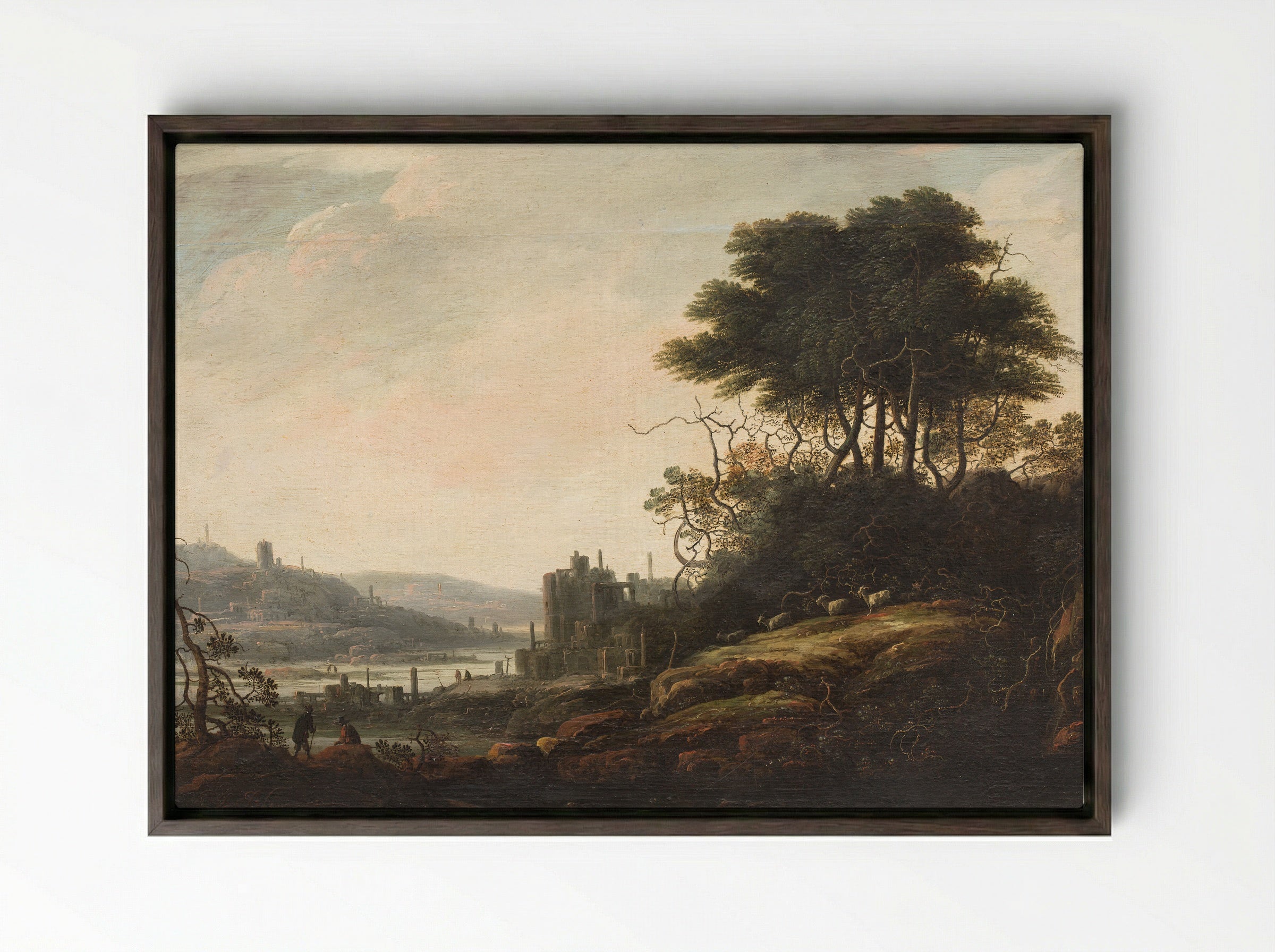 Landscape with Ruins and Figures - Abraham Bloemaert - Framed Canvas Dark Wood