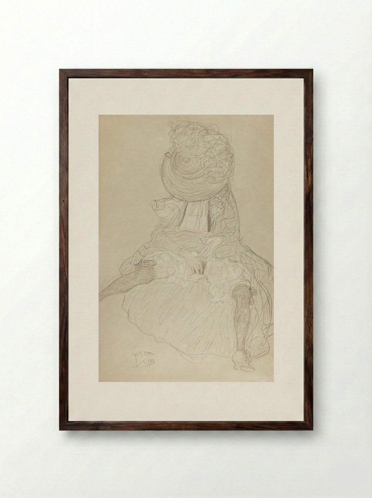 Seated Woman from the Front with Hat, Face Hooded - Gustav Klimt - Framed Print Dark Wood