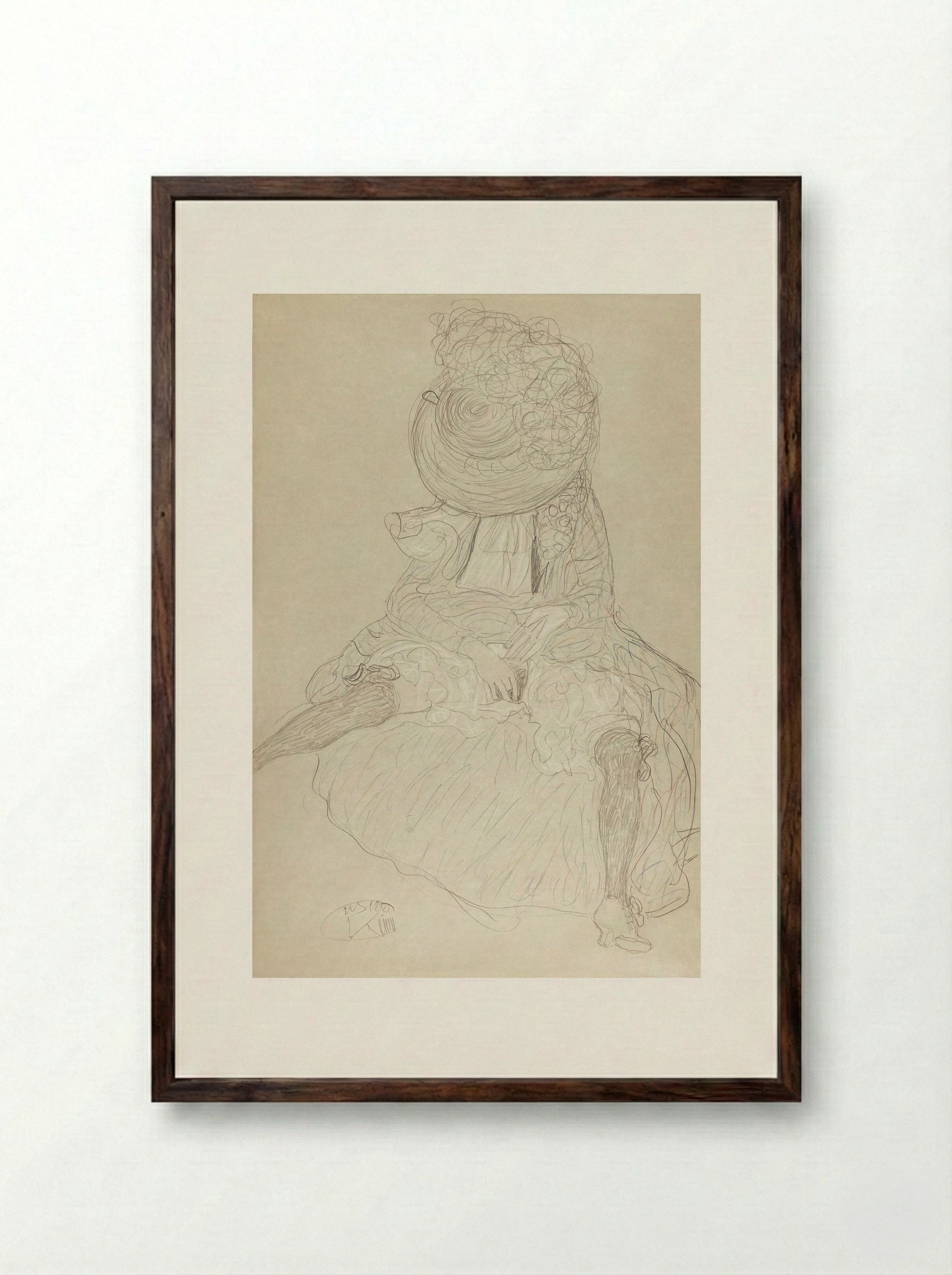 Seated Woman from the Front with Hat, Face Hooded - Gustav Klimt - Framed Print Dark Wood