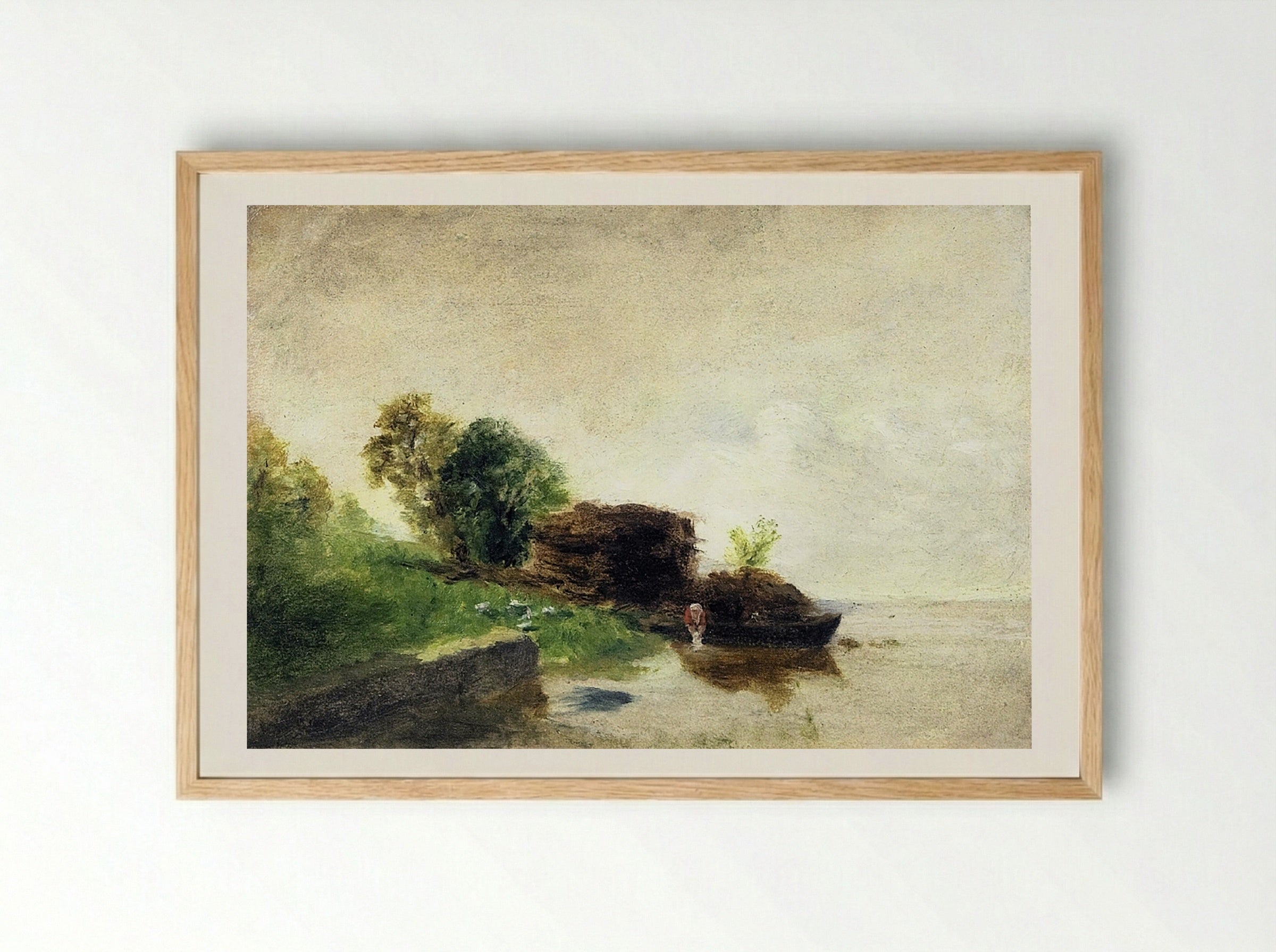 Laundress on the Banks of the River - Fine Art Print - Framed Print Wood