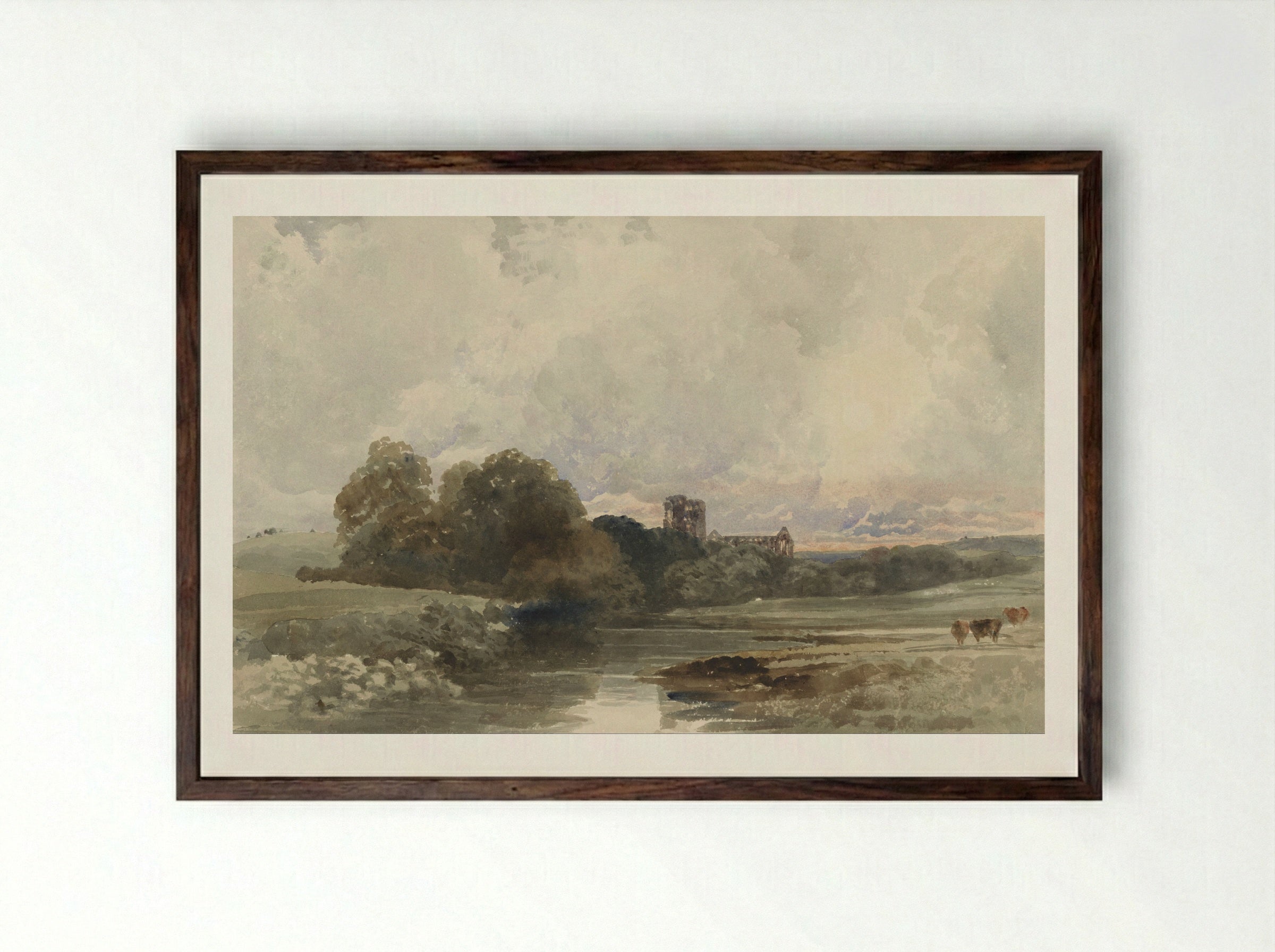 Evening View of Kirkstall Abbey, Yorkshire - Peter de Wint - Framed Print Dark Wood