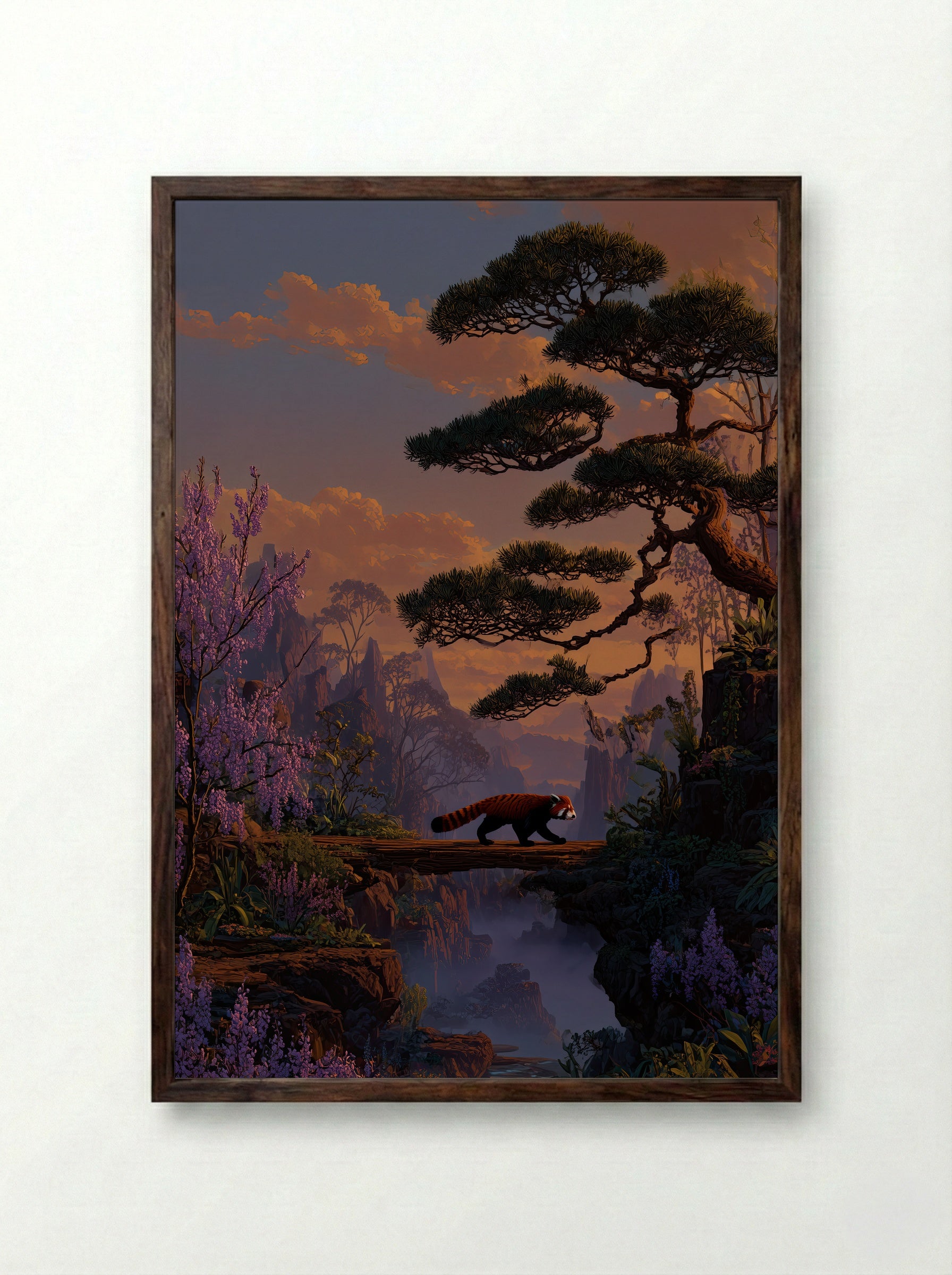Red Panda Crossing – Tranquil Sunset Forest Art Print - Framed Print Dark Wood