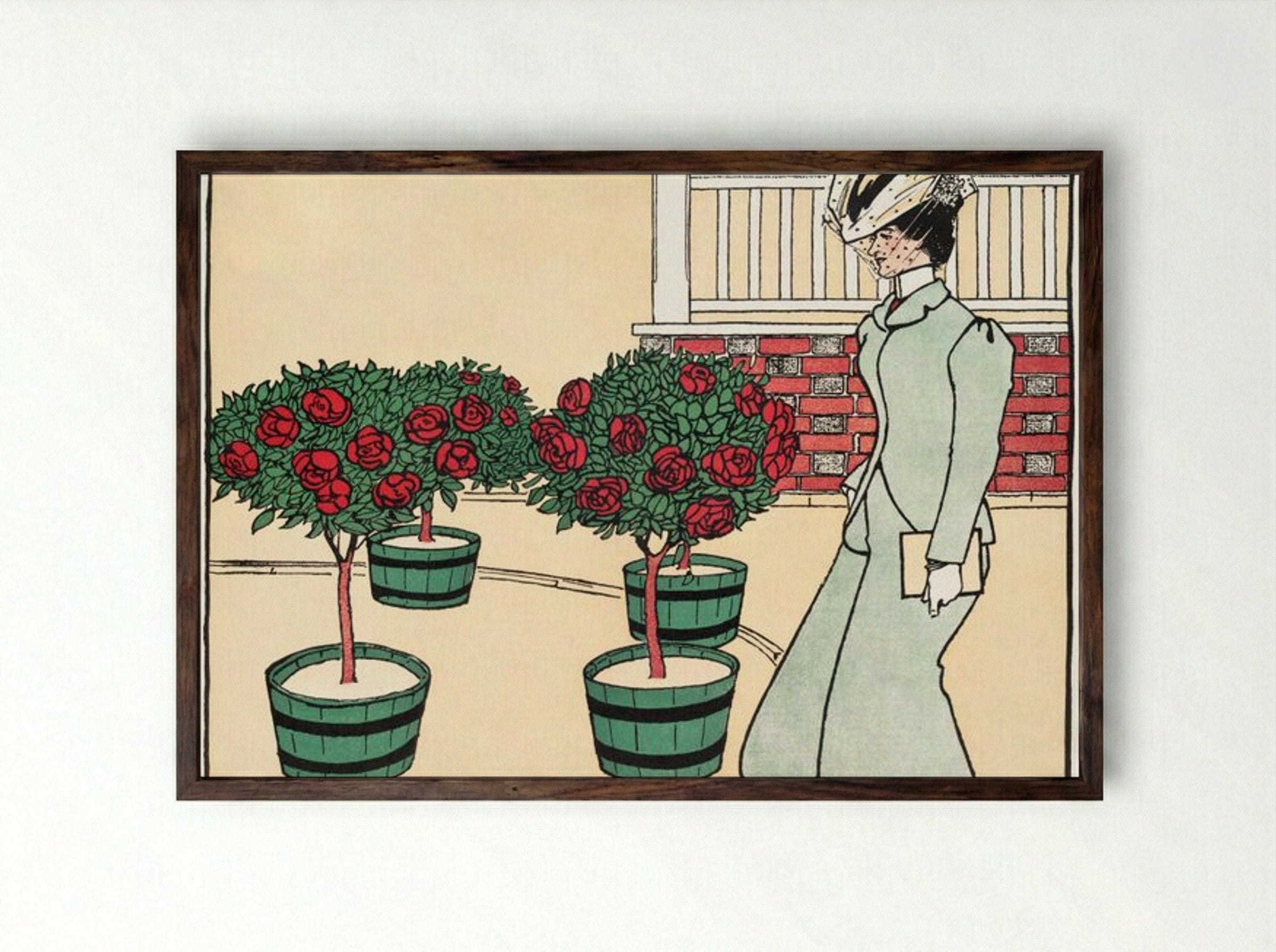 Woman in Rose Garden - Edward Penfield - Framed Print Dark Wood
