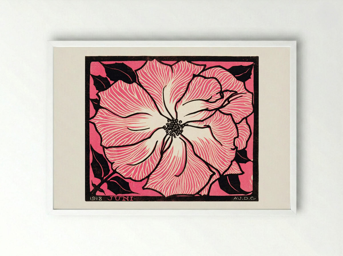 June (Floral Woodcut) - Julie de Graag - Framed Print White