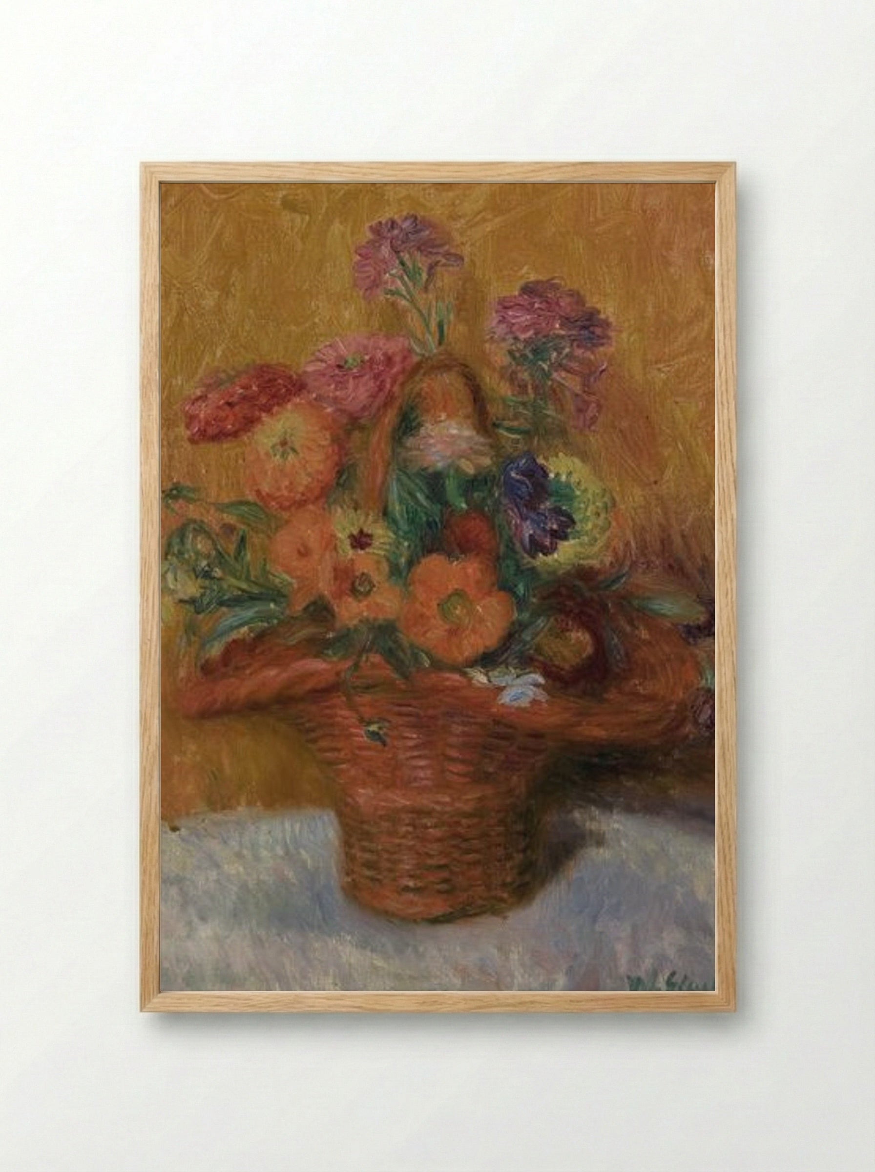 Red Basket of Zinnias - William James Glackens - Framed Print Wood
