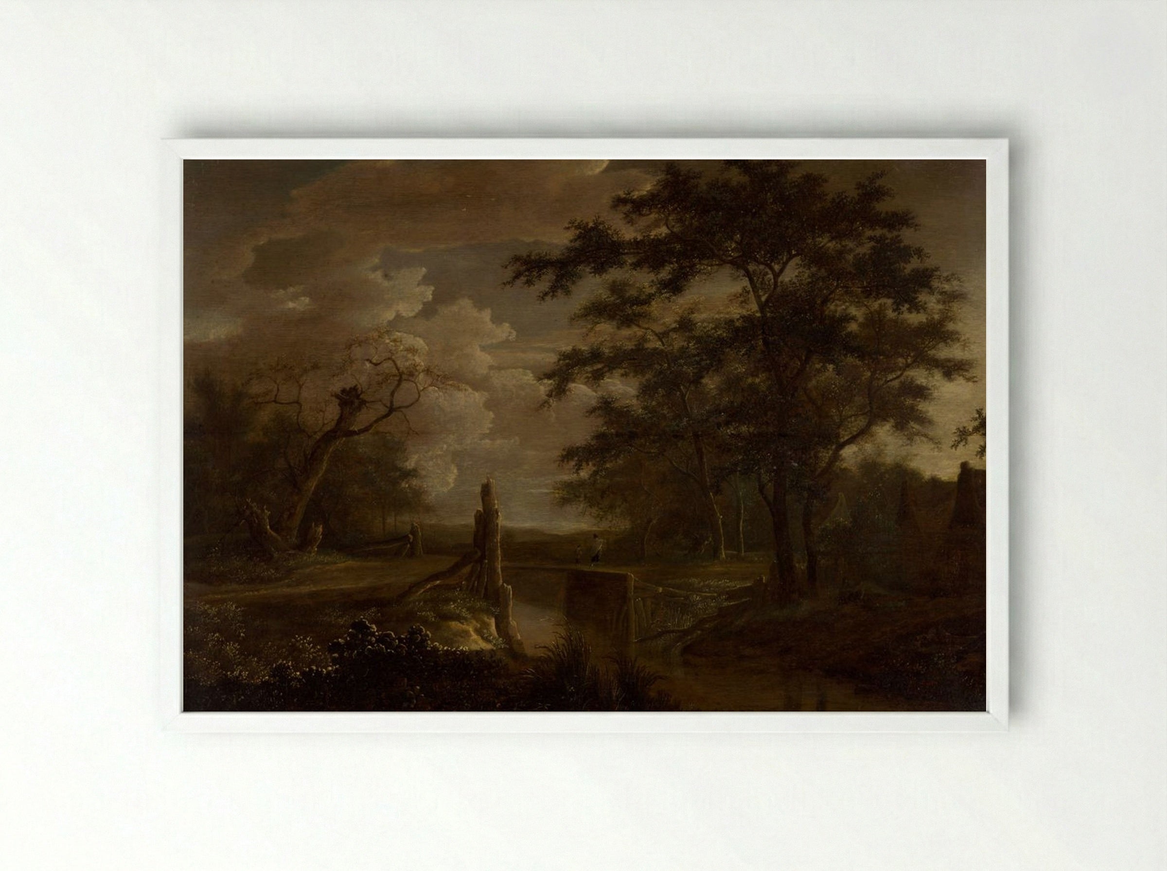 Landscape with River and Bridge - Jacob van Ruisdael - Framed Print White