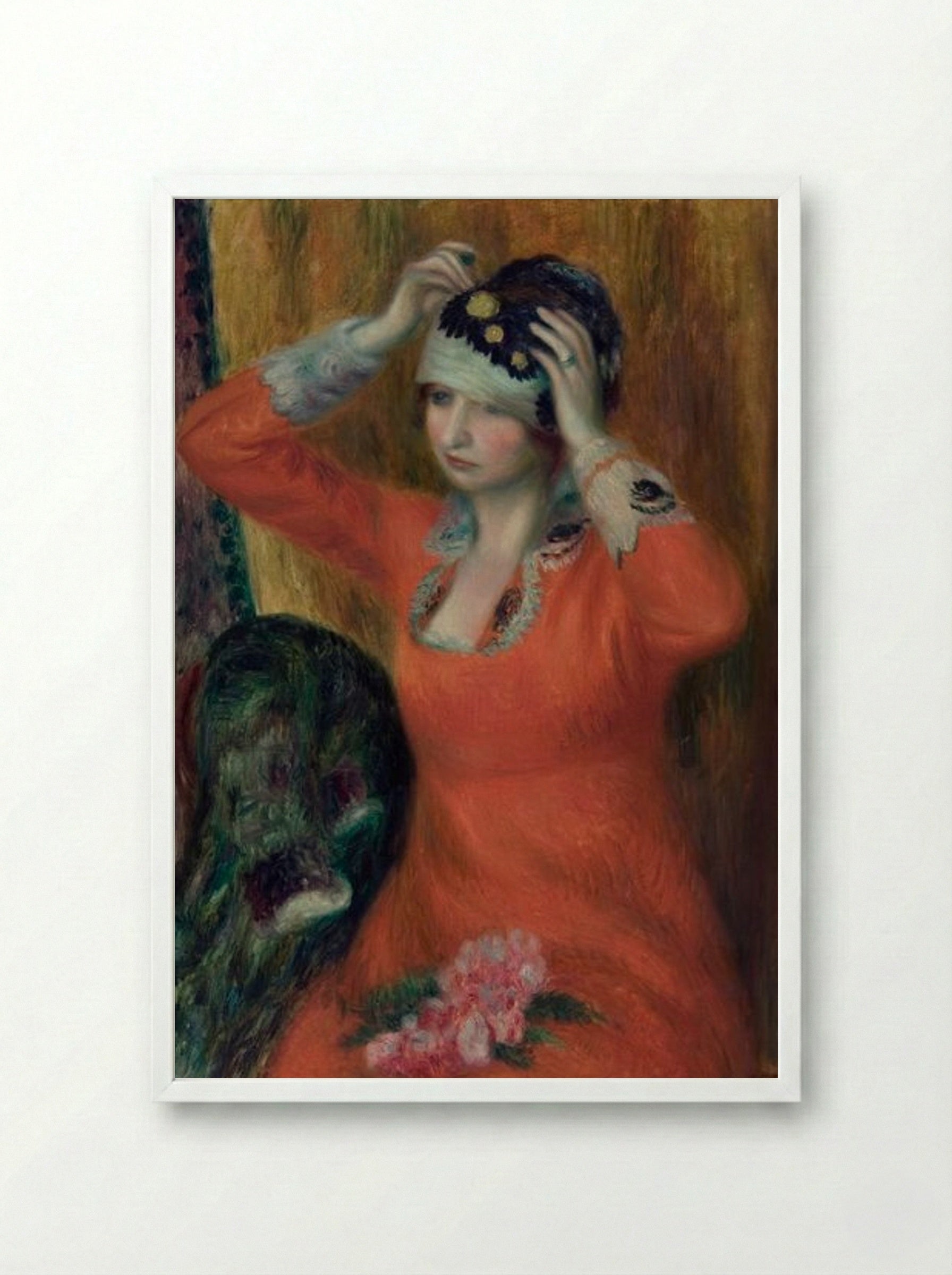 Girl in Red Dress Pinning on Hat - William James Glackens - Framed Print White