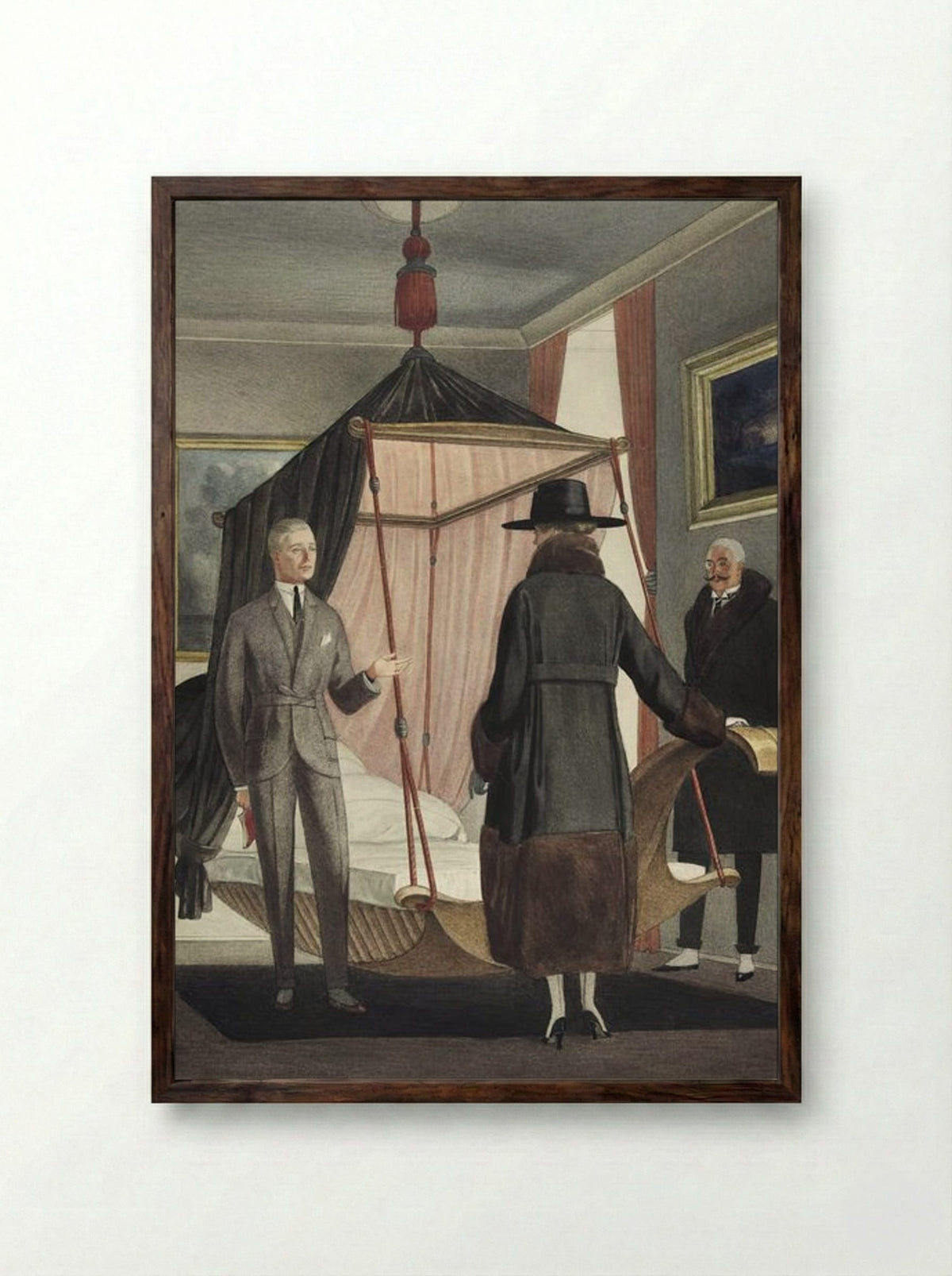 Two Men and a Woman in a Bedroom - Otto Friedrich Carl Lendecke - Framed Print Dark Wood