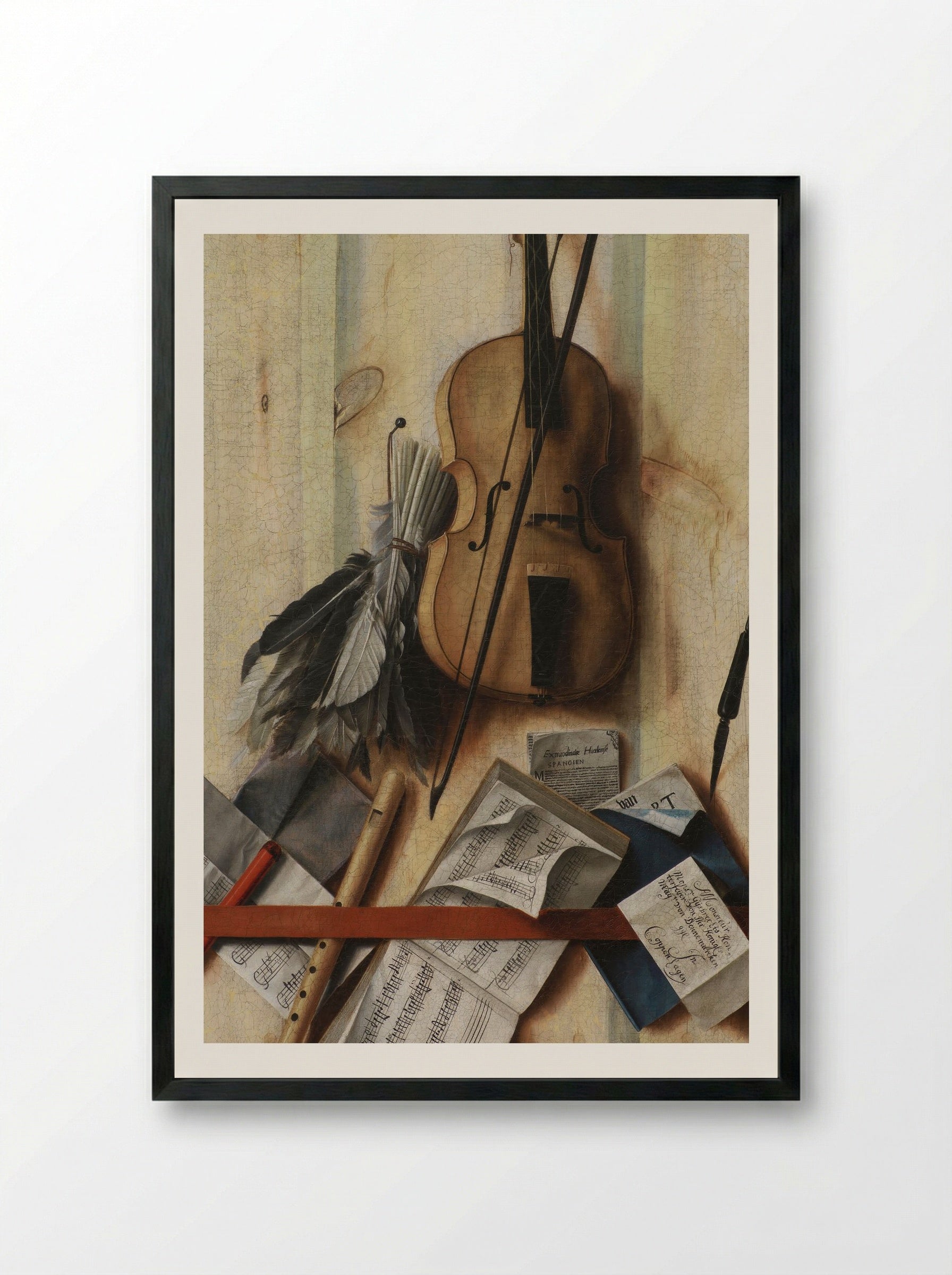 Trompe l'oeil with violin, sheet music and recorder - Cornelis Norbertus Gysbrechts - Framed Print Black