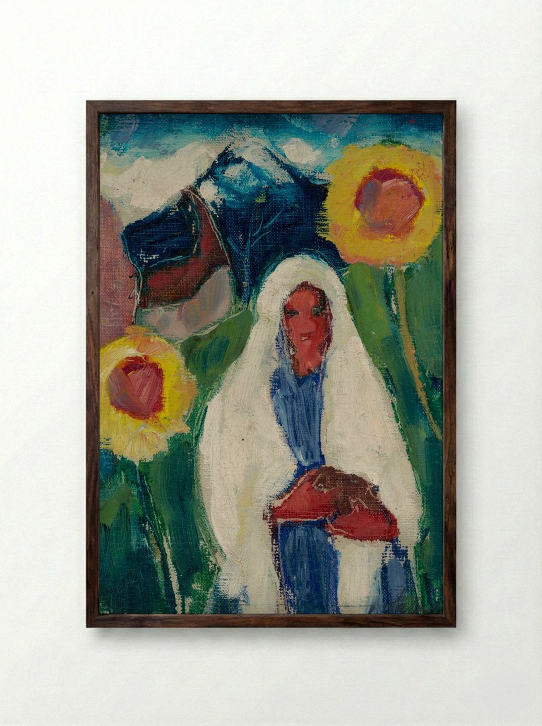 Sketch of a Woman Among Sunflowers - Zolo Palugyay - Framed Print Dark Wood