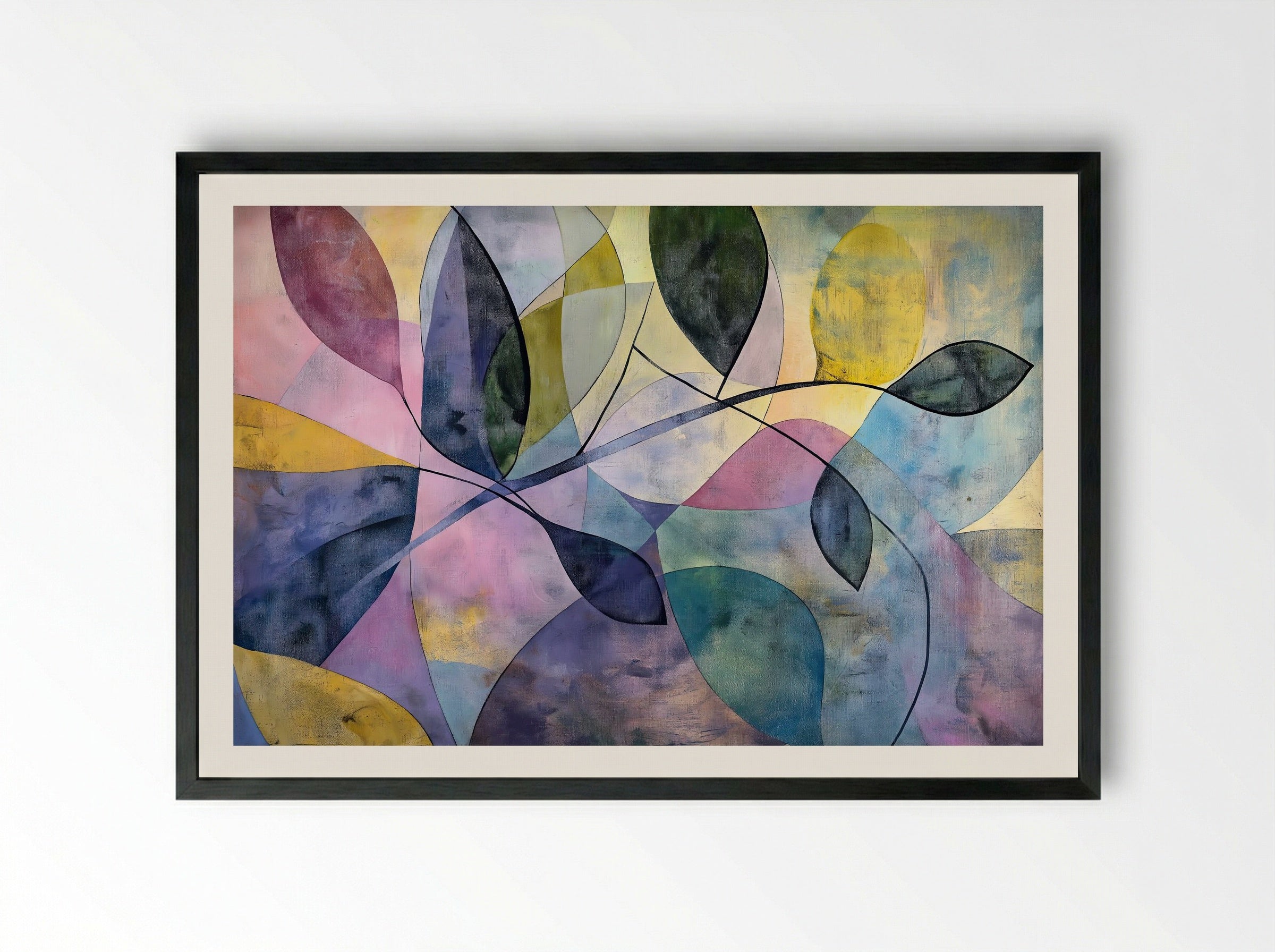 Garden Geometry – Abstract Botanical Forms in Pastel and Slate - Framed Print Black