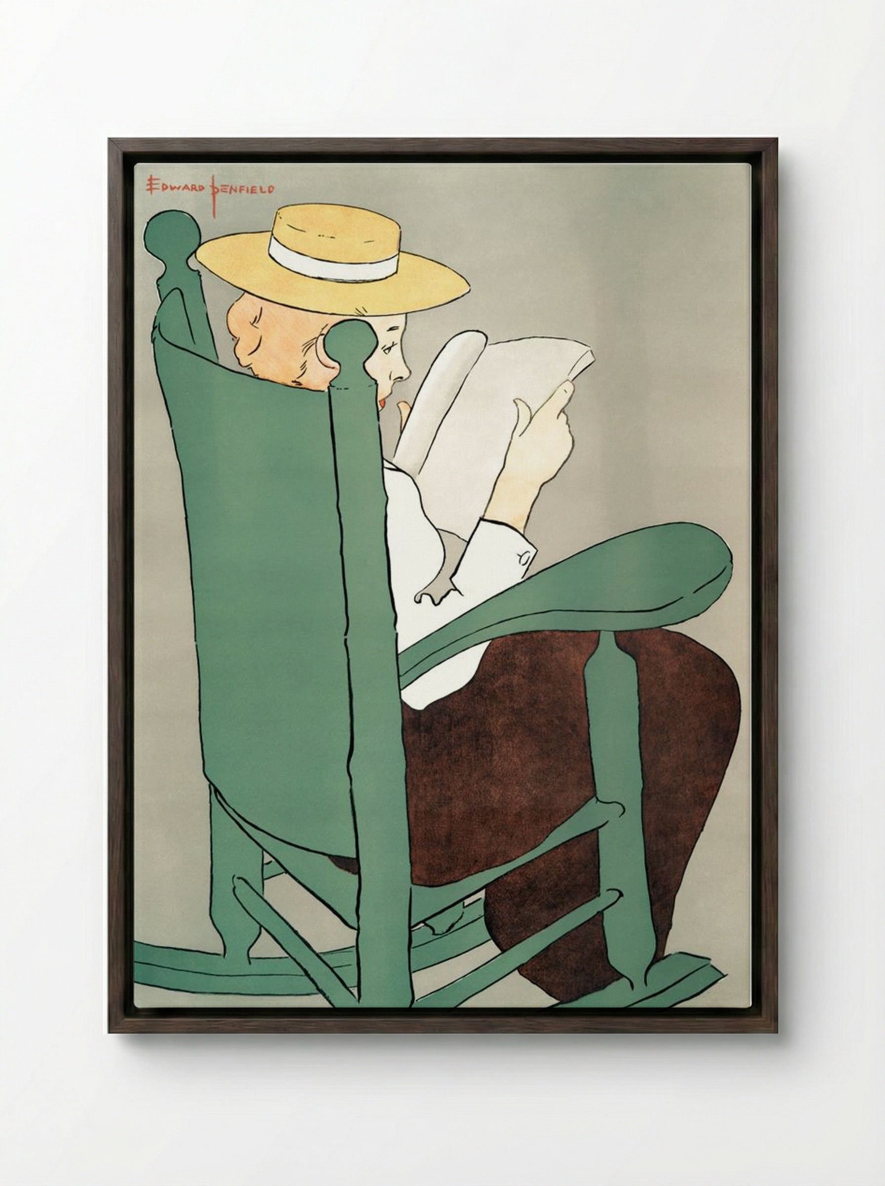 Woman Reading in a Rocking Chair - Edward Penfield - Framed Canvas Dark Wood