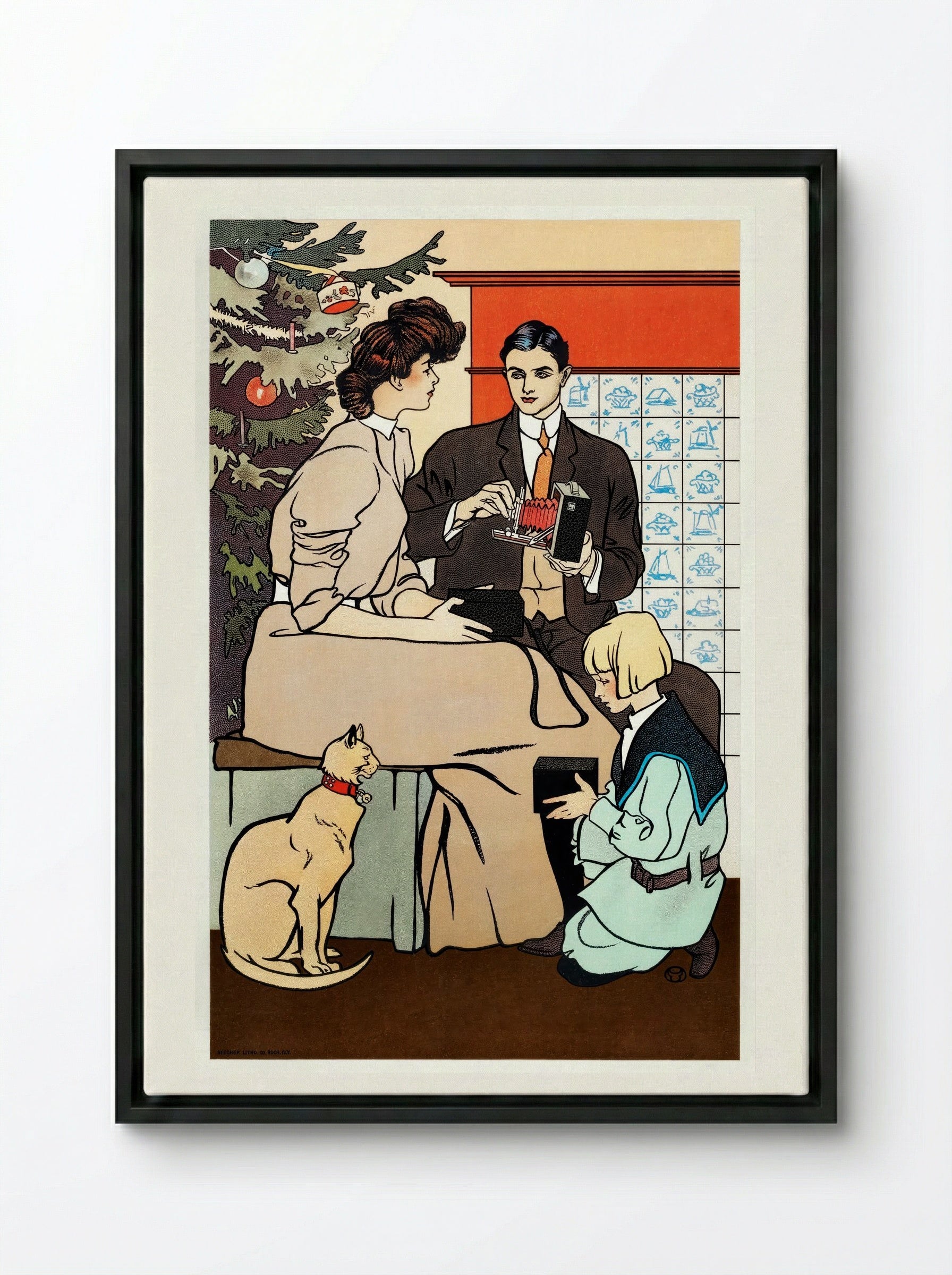 Vintage Christmas Morning (Family Scene with Camera) - Edward Penfield - Framed Canvas Black
