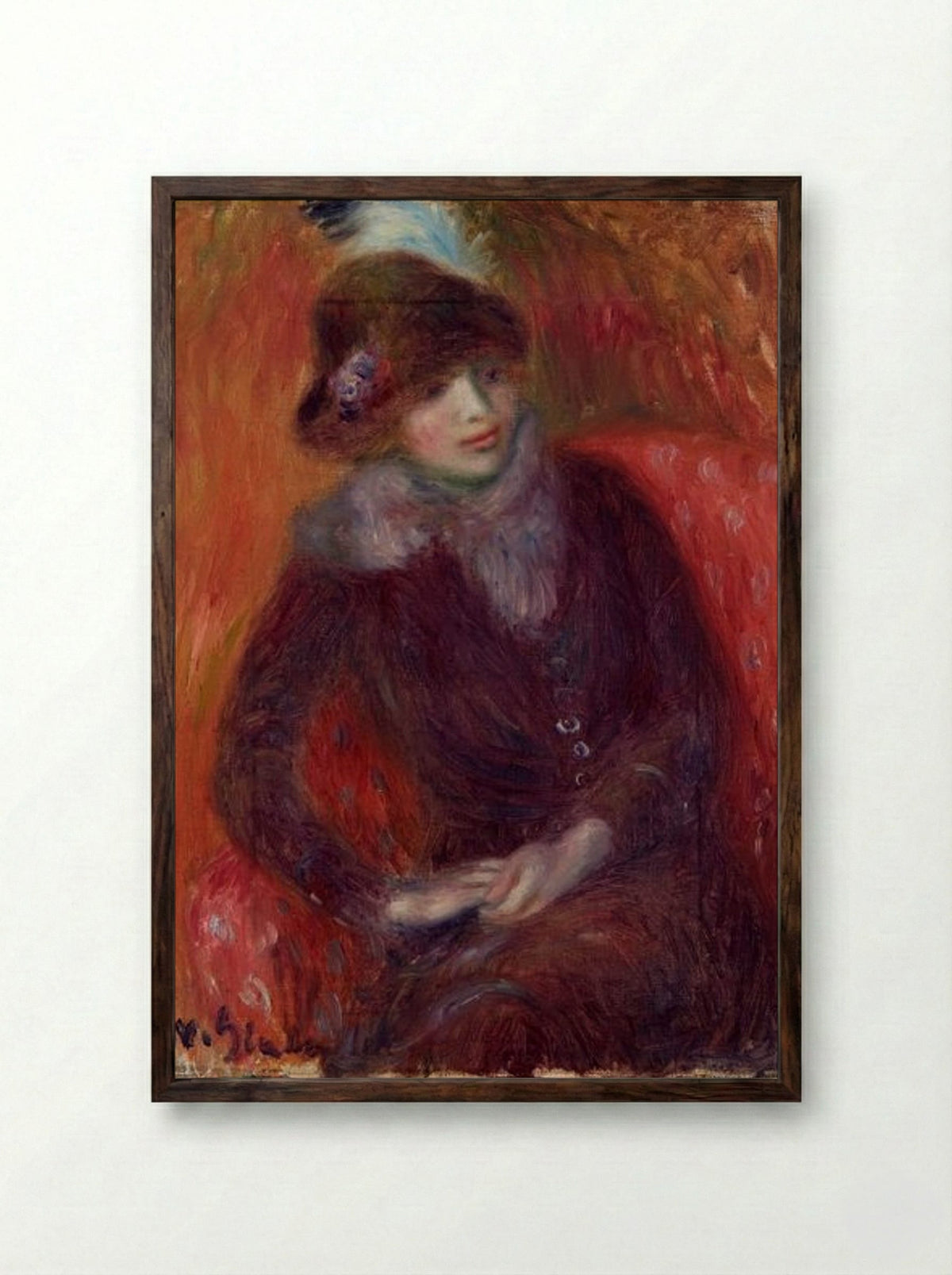 Seated Woman with Fur Neckpiece and Red Background - William James Glackens - Framed Print Dark Wood