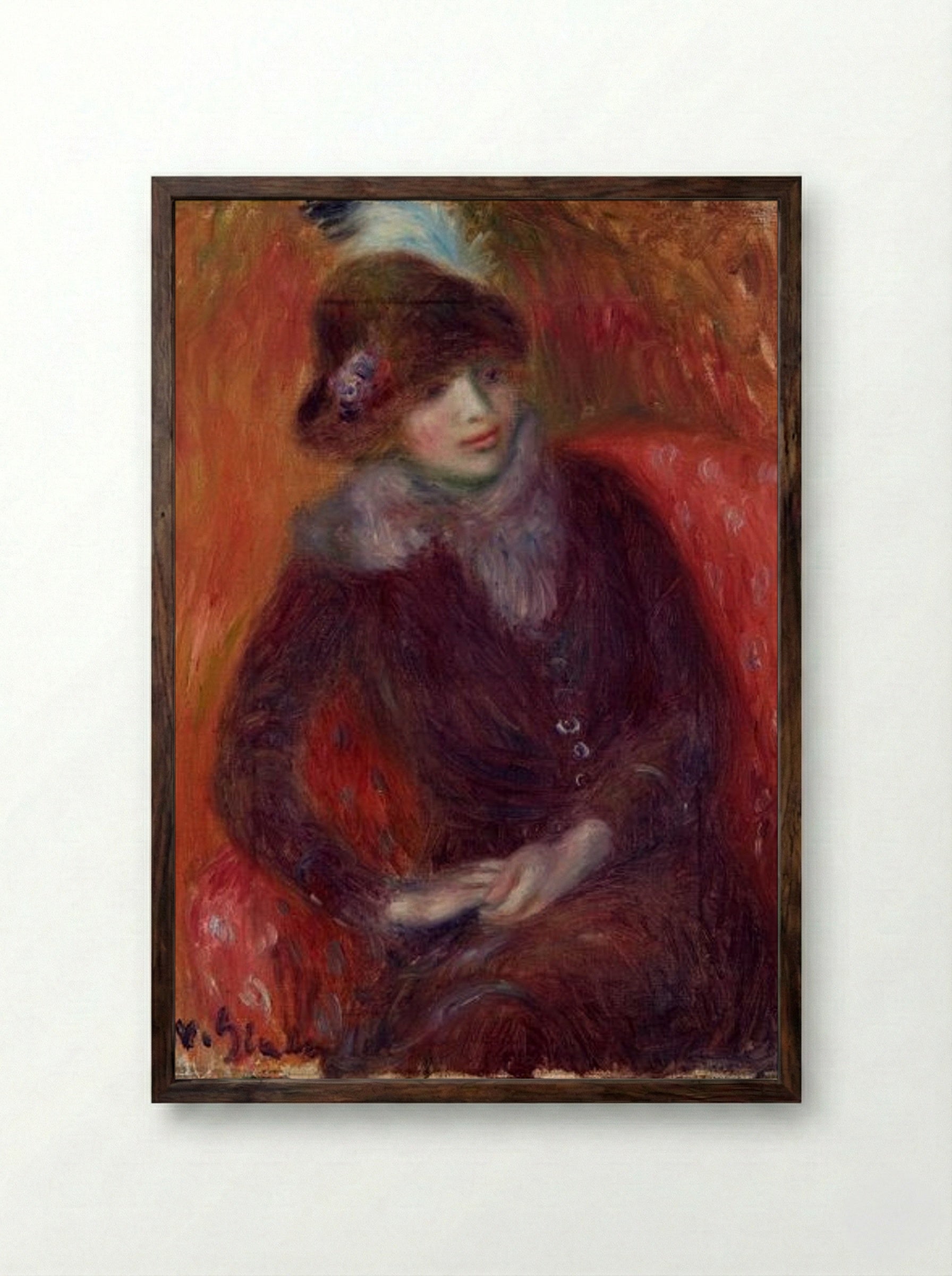 Seated Woman with Fur Neckpiece and Red Background - William James Glackens - Framed Print Dark Wood