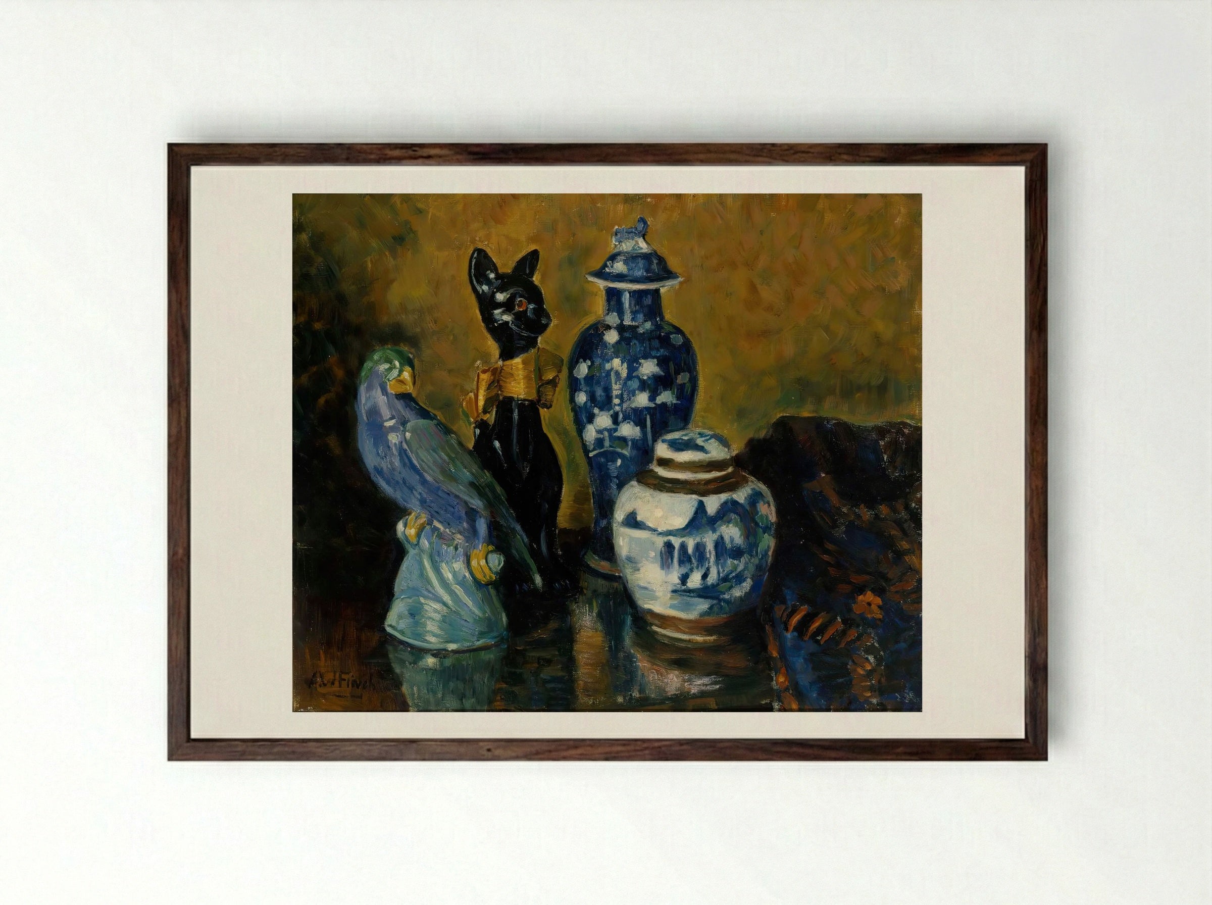 Still Life with Blue Figurines - Alfred William Finch - Framed Print Dark Wood