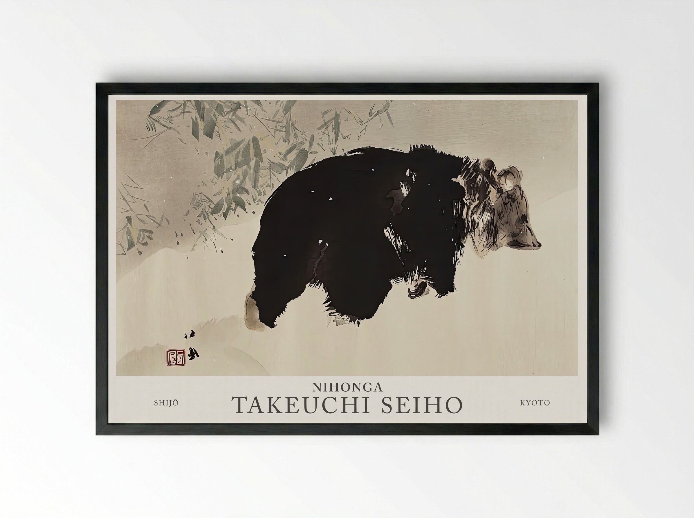 Seiho Twelve Fuji – Bear in the Snow Modern Print Reproduction - Framed Print Black