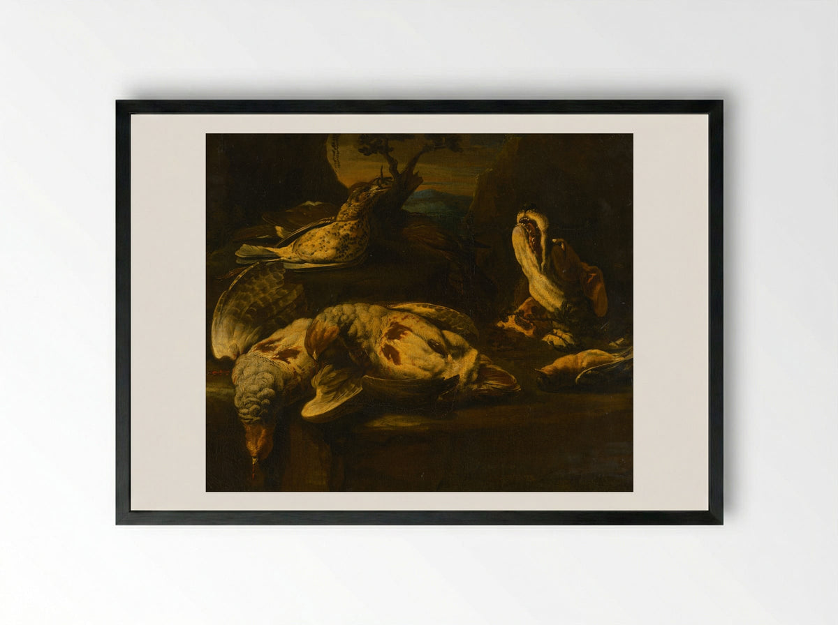 Hunting Still Life with Birds and Dog - Fine Art Print - Framed Print Black
