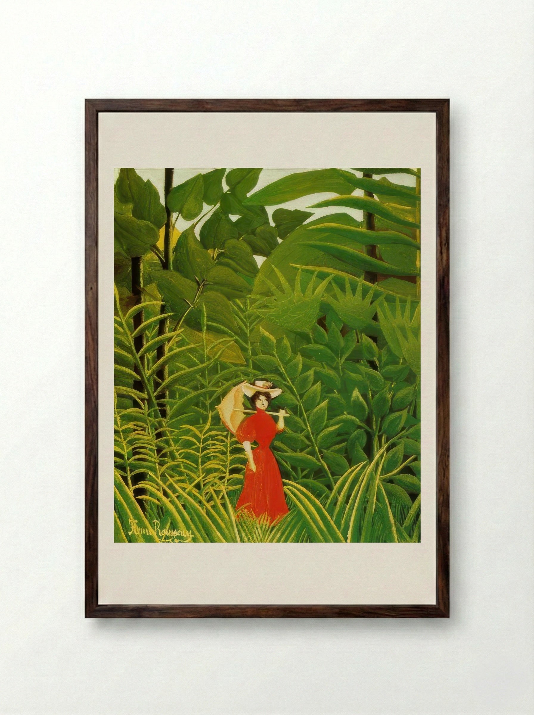 Woman in Red in the Forest by Henri Rousseau – Naïve Art Figurative Jungle Print - Framed Print Dark Wood