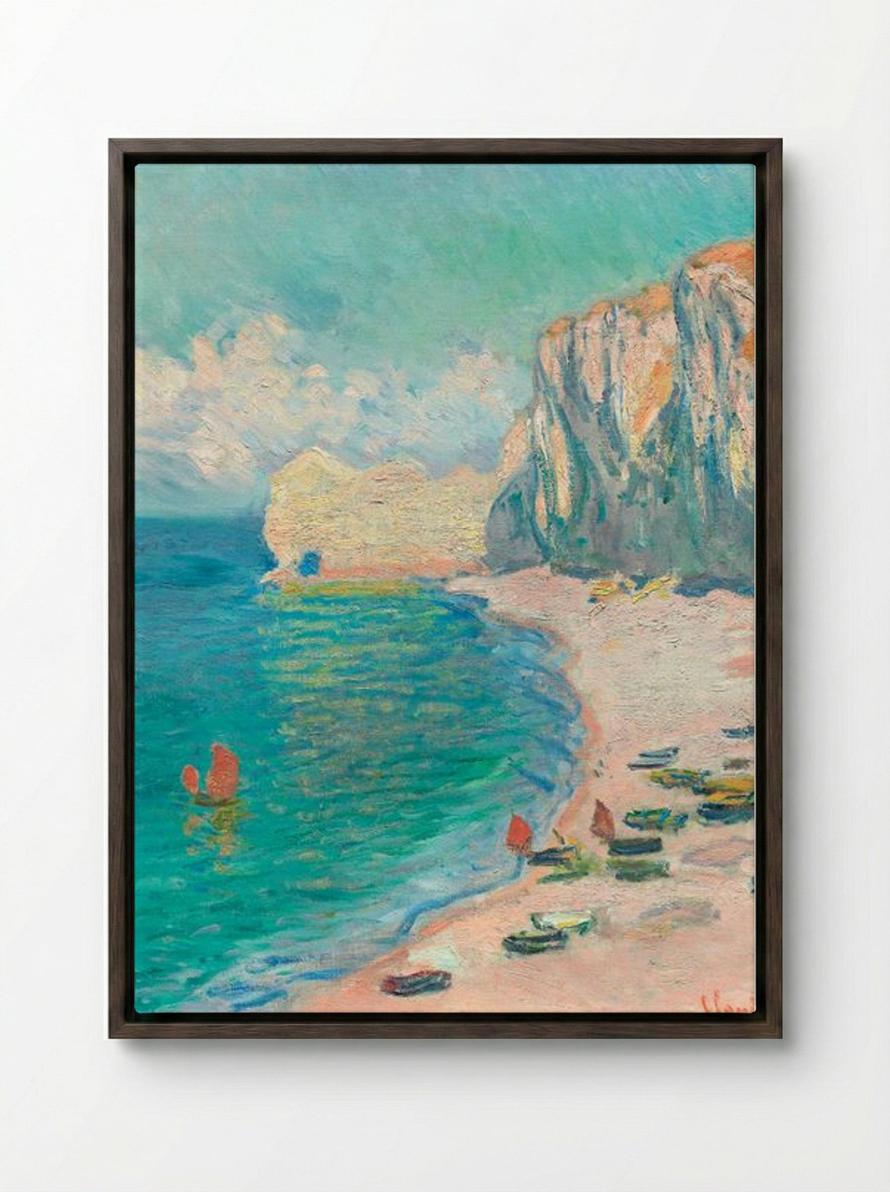 The Beach and the Falaise d'Amont - Claude Monet - Framed Canvas Dark Wood