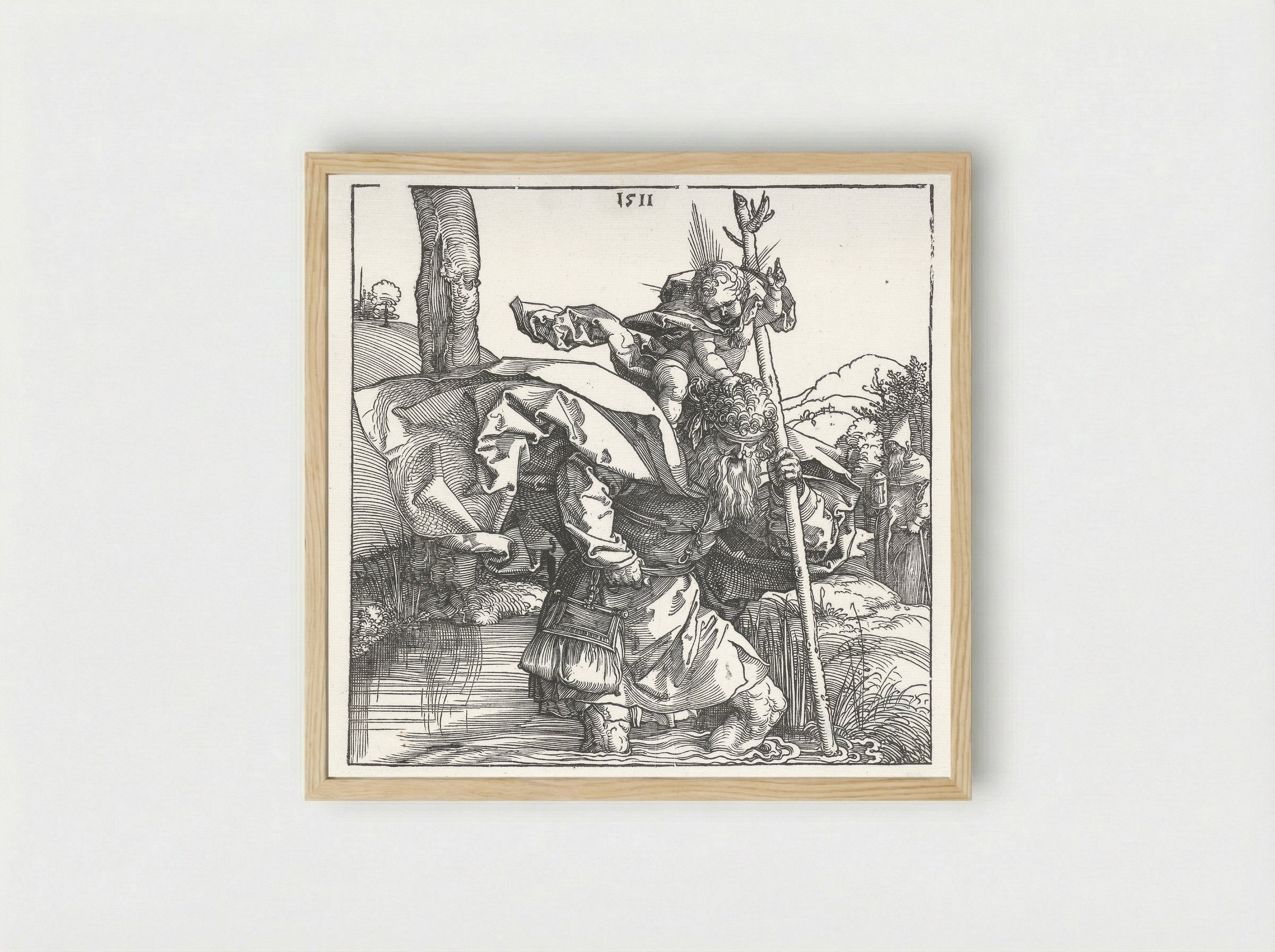 Saint Christopher Carrying the Christ Child - Albrecht Dürer - Framed Print Wood