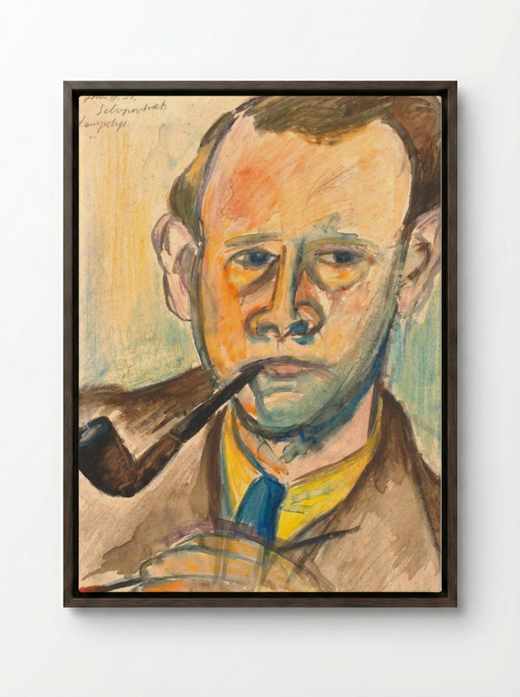 Self-portrait in Lamplight - John Christensen - Framed Canvas Dark Wood