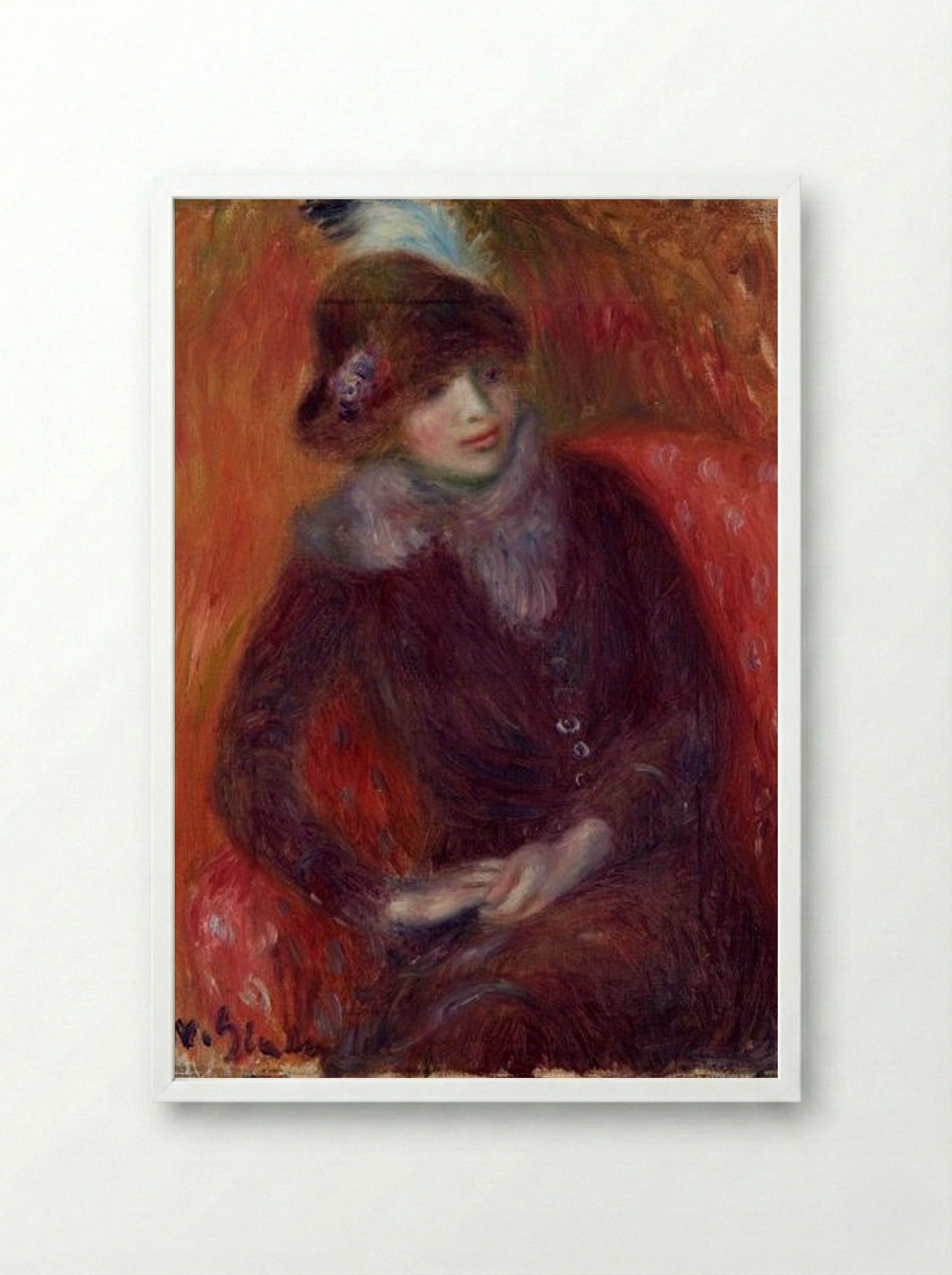 Seated Woman with Fur Neckpiece and Red Background - William James Glackens - Framed Print White
