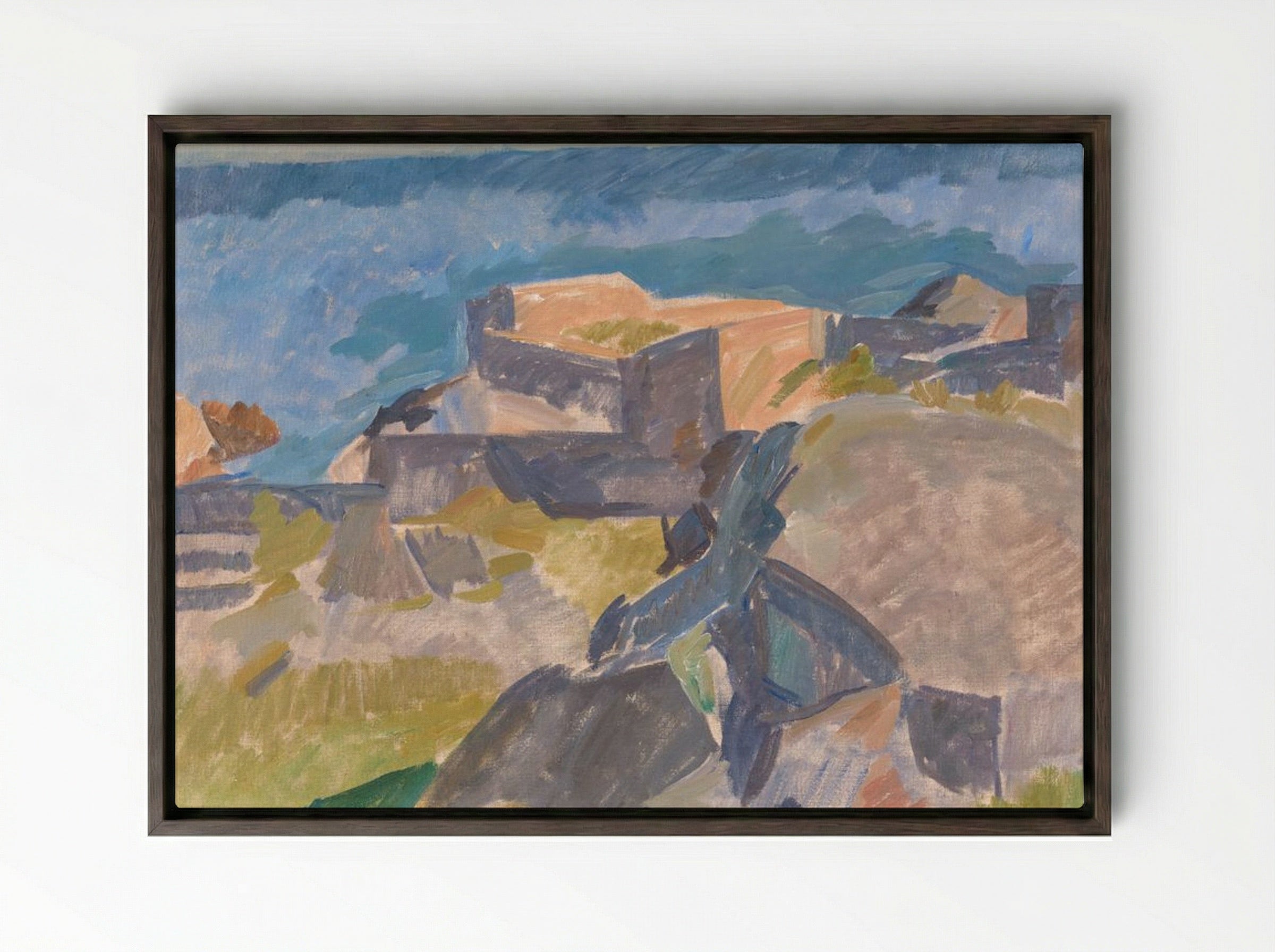 Coastal View with Buildings - Edvard Weie - Framed Canvas Dark Wood